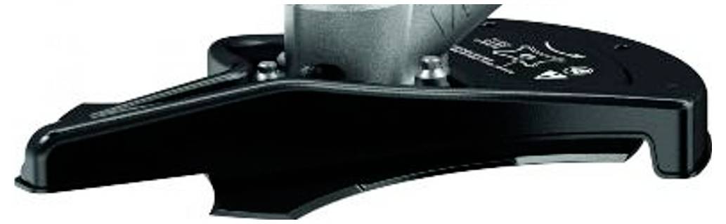 A black protective guard of an electric tool, displaying safety symbols and constructed from metal with a mounting bracket.