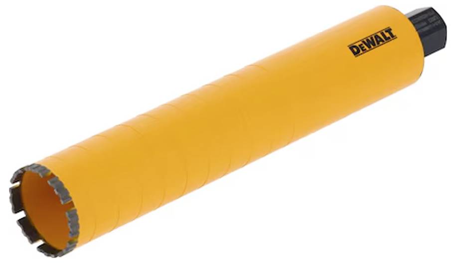 A yellow drill core with a DeWALT logo. Suitable for concrete drilling. Drill crown shows a serrated cutting surface.