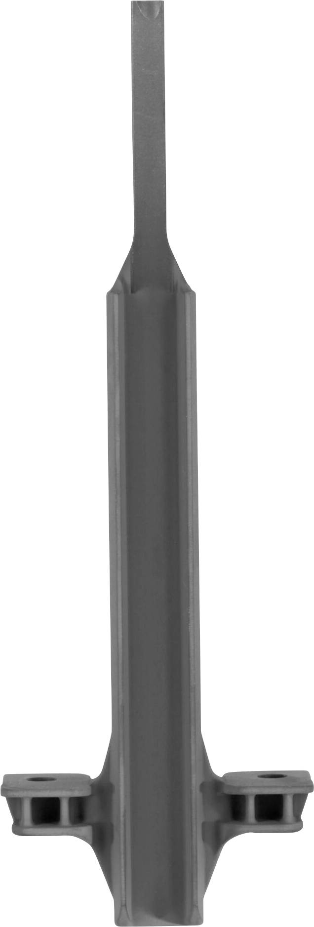 Metallic, slender rod with a rectangular cross-section, used as a tool or component, positioned vertically.