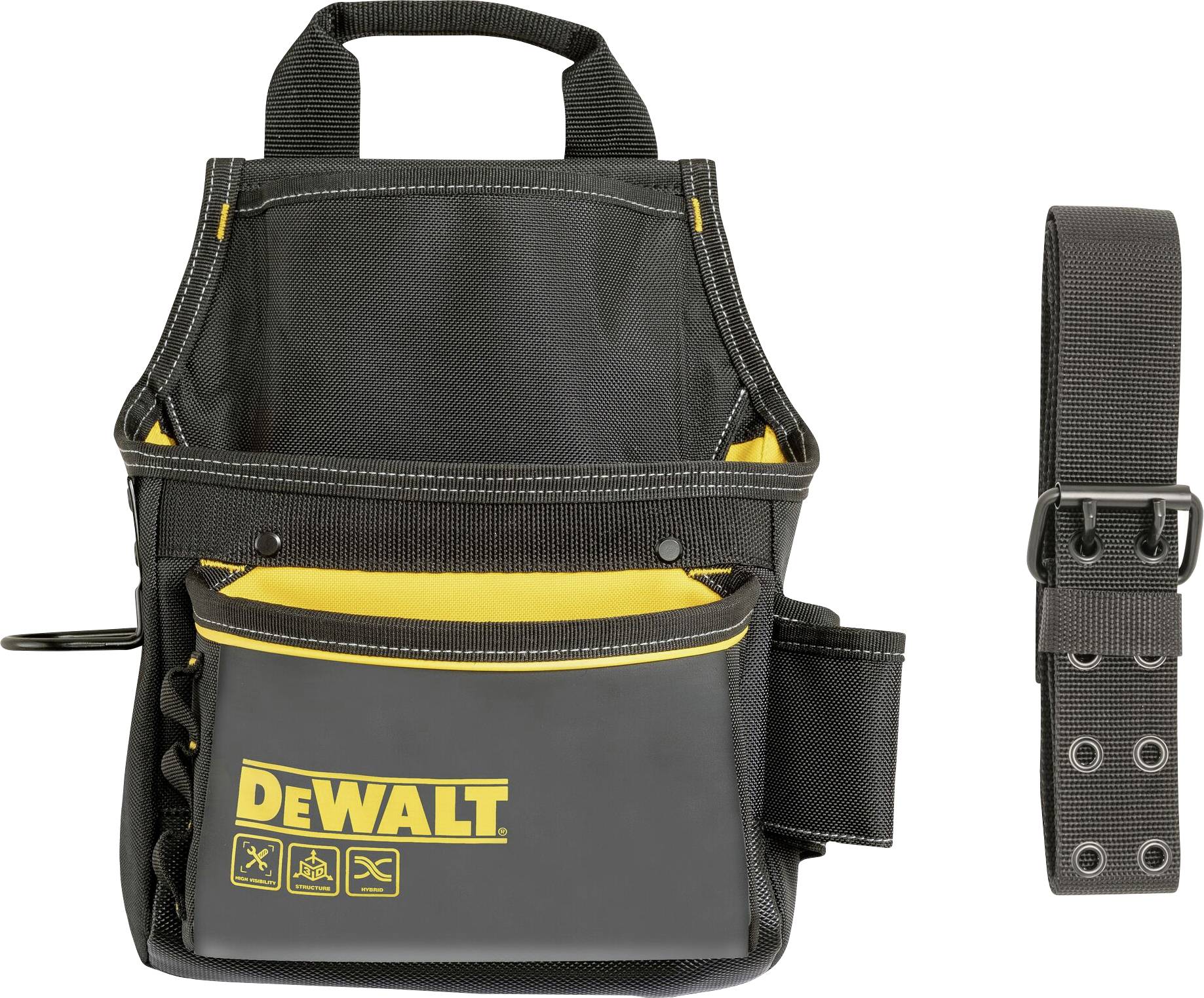 Black and yellow DeWalt tool bag with multiple compartments and a detachable black belt loop.