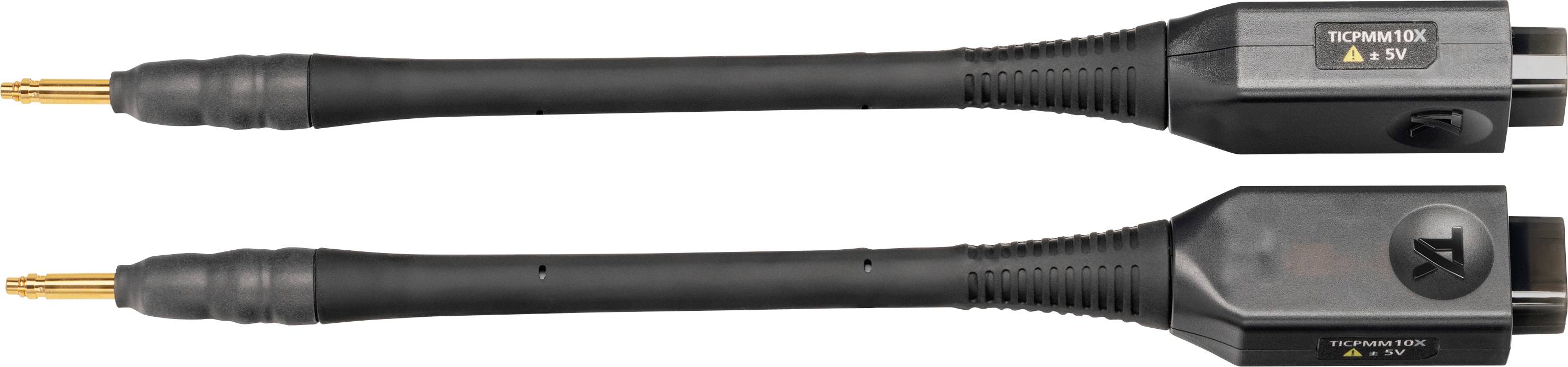 'Two black electronic measuring cables with plugs, one labelled 