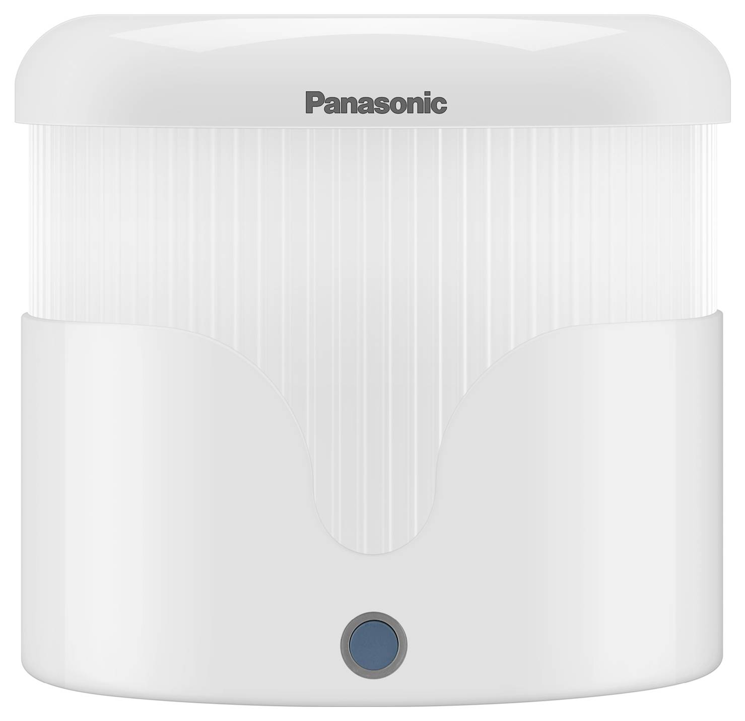 A white electric kettle by Panasonic with a blue on/off switch at the bottom.