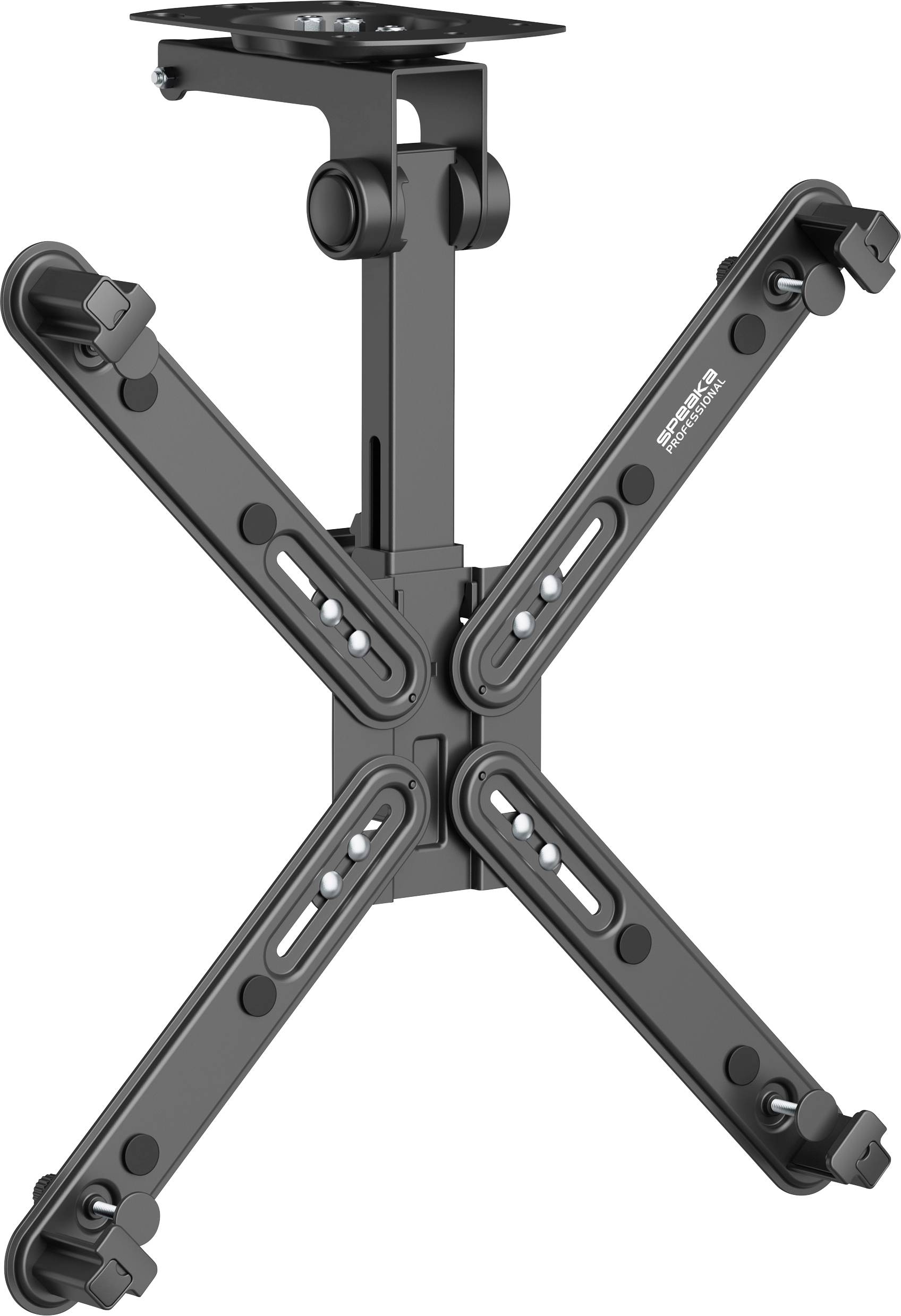 Black, adjustable TV ceiling mount with four arms, suitable for screens of various sizes, shows mounting options.