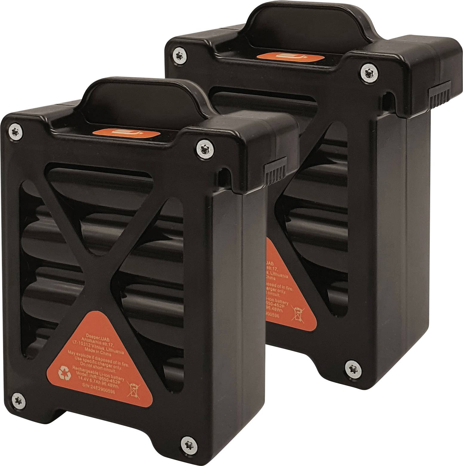 Two black, rectangular battery cases with an orange label displaying recycling symbols and technical information.