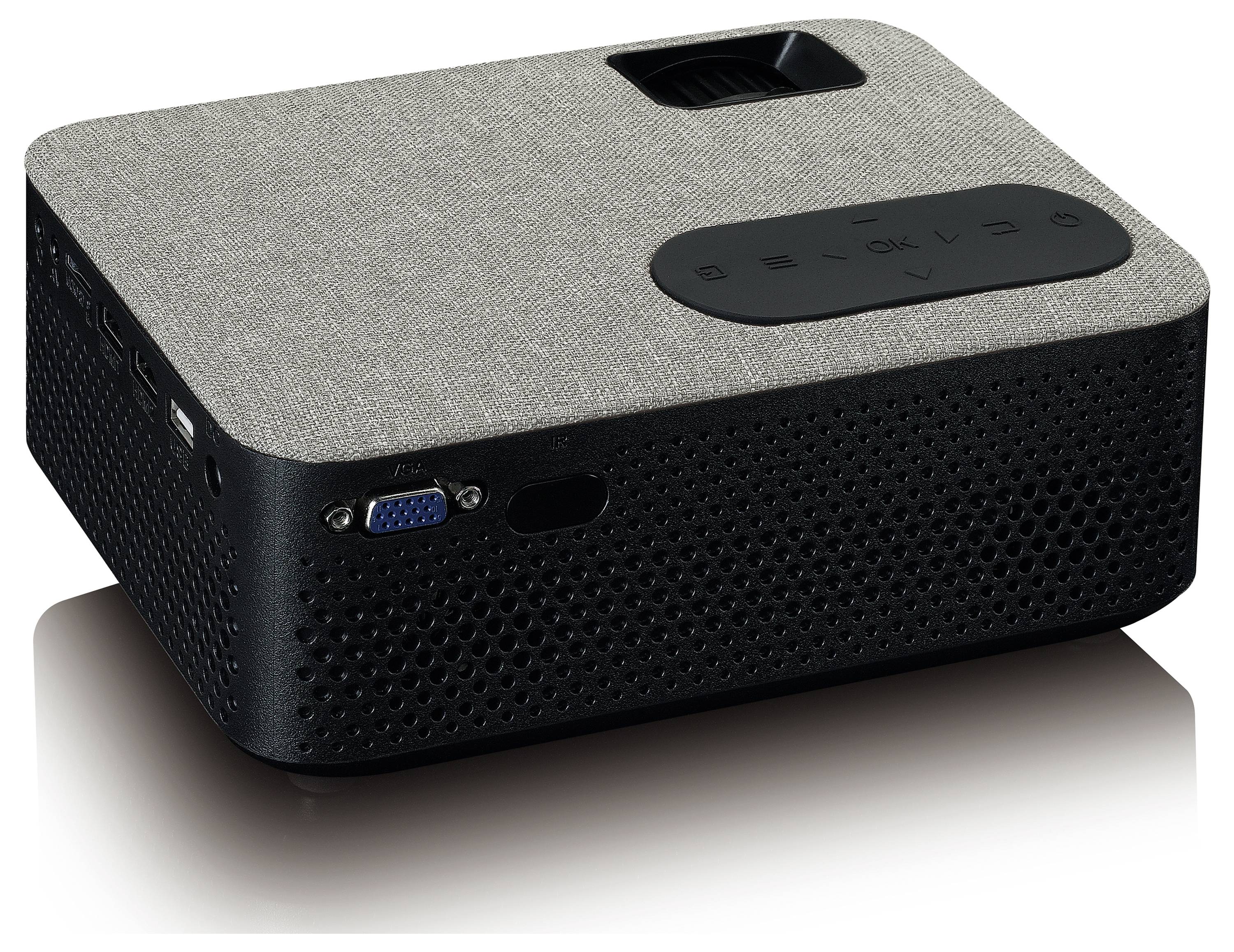 Black portable projector with grey fabric cover, top control panel with symbols and side connection ports, including VGA port.