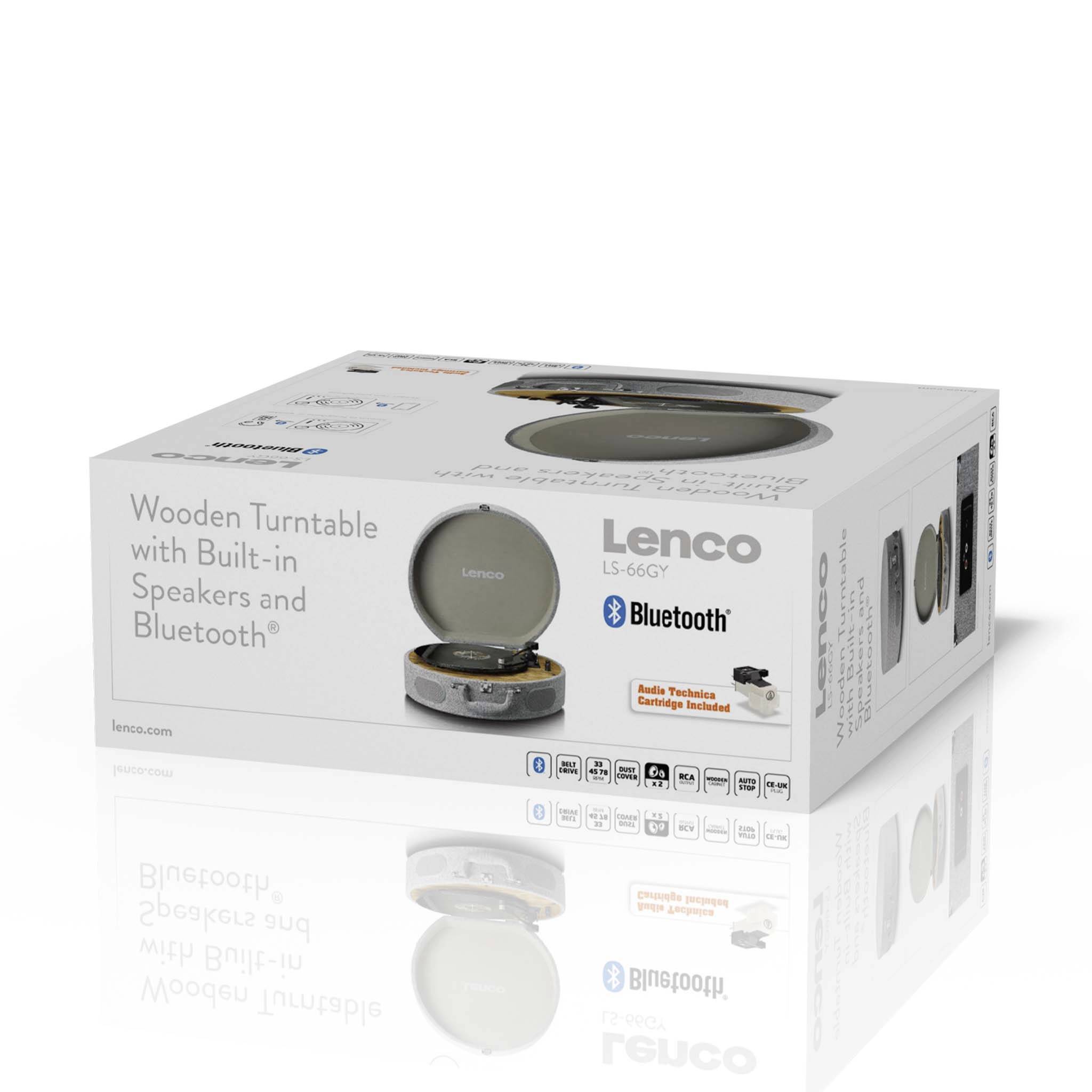 The packaging box of a Lenco record player with built-in speakers, Bluetooth support, and audio conversion.