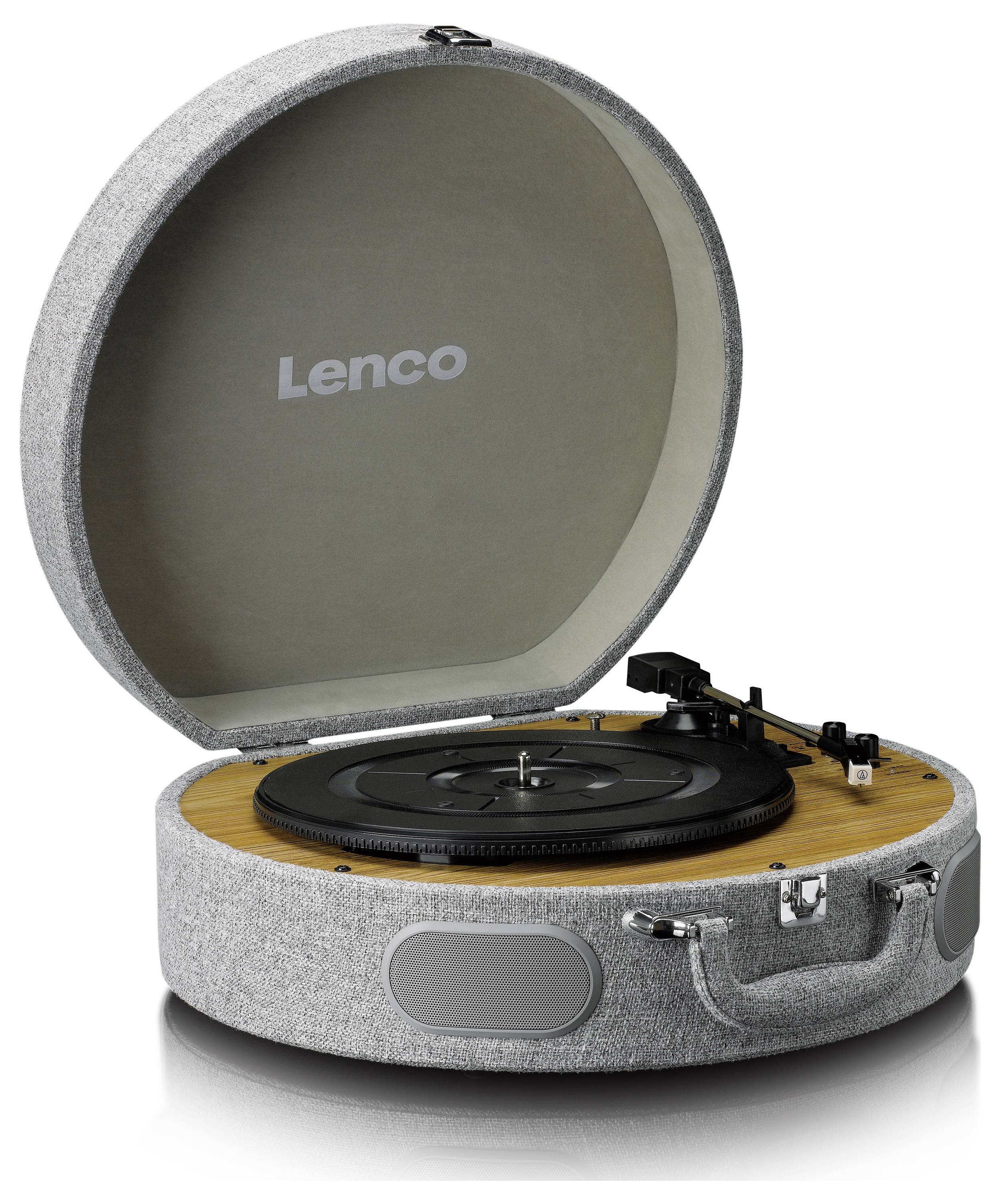 Round portable record player in a grey fabric cover with a wooden lid, opened. The turntable and tonearm are visible.