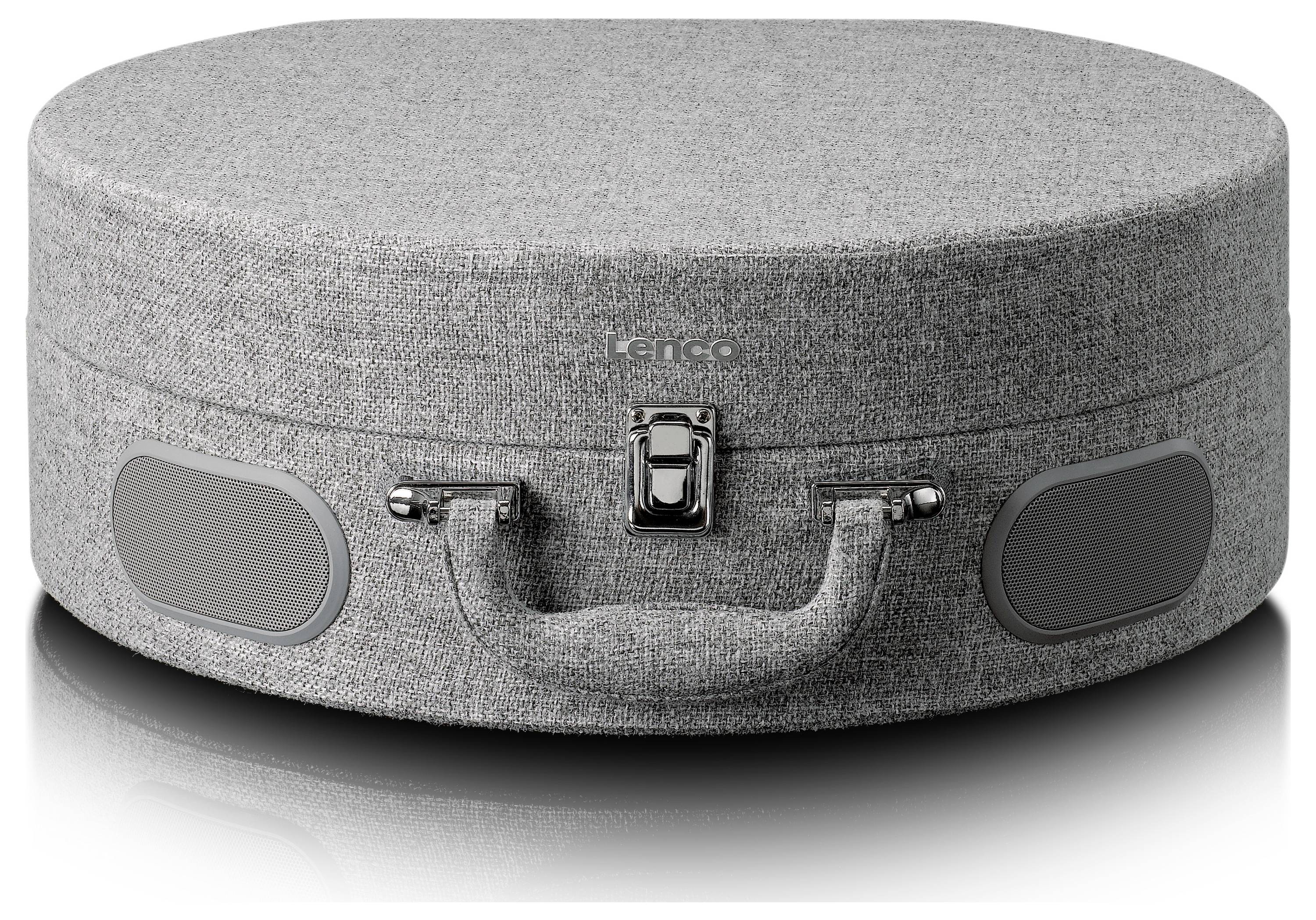 A grey, round record player in a closed case with a carrying handle and clasp.