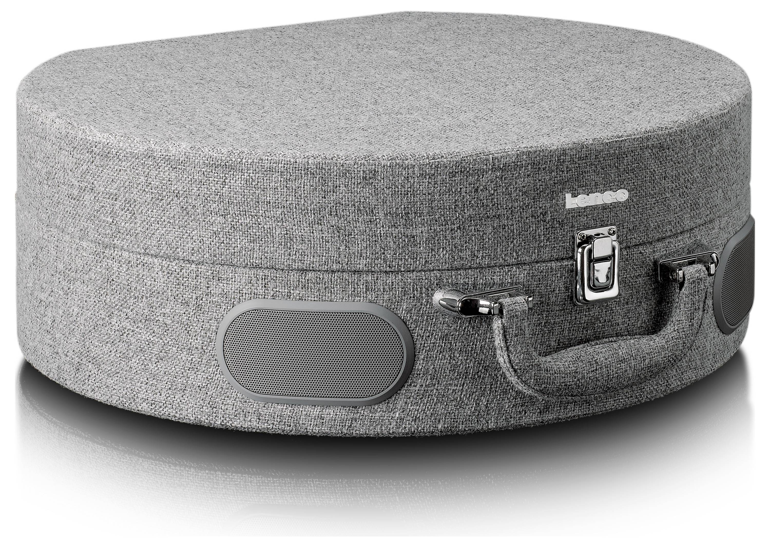 Grey, round record player case with handle and clasp. Two speaker grilles on the sides.