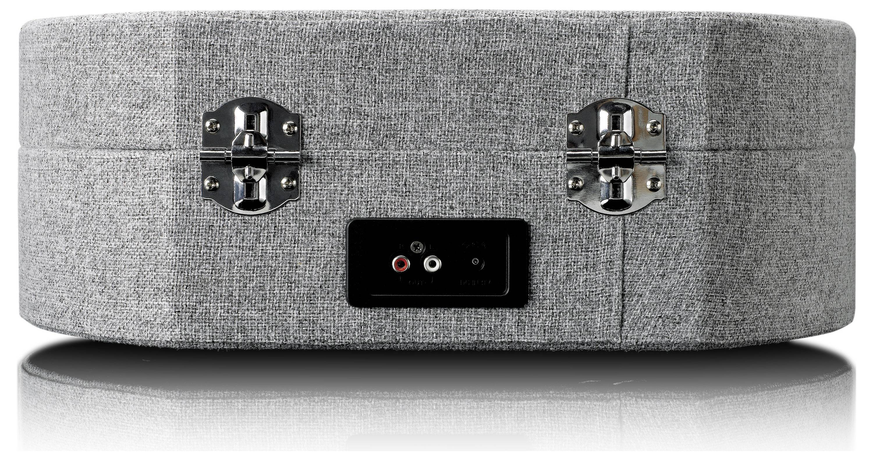 Grey, round record player case with metal latches and audio connections on the front.