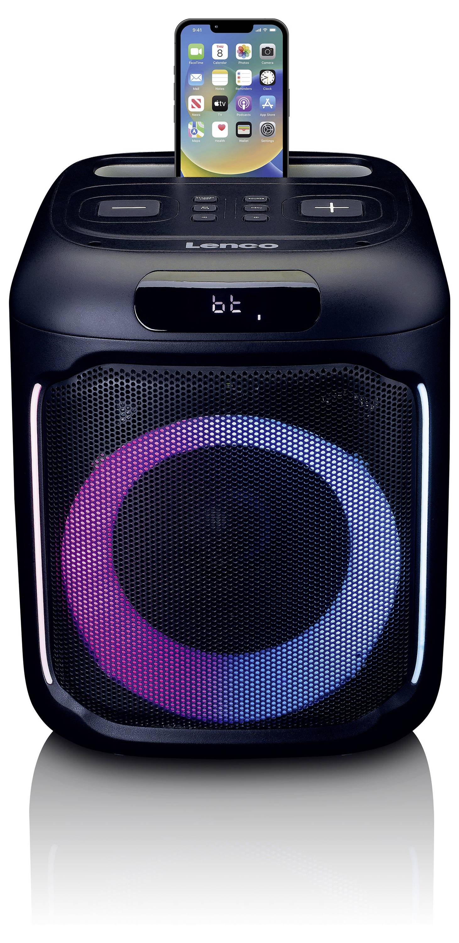 Black speaker with LED light rings, Bluetooth display and smartphone mounted on top. Perfect for music streaming.
