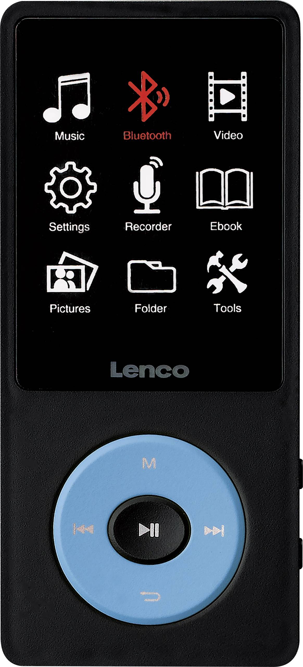 Black portable MP3 player with a blue control panel. The screen displays icons for music, Bluetooth, video, settings, and more.