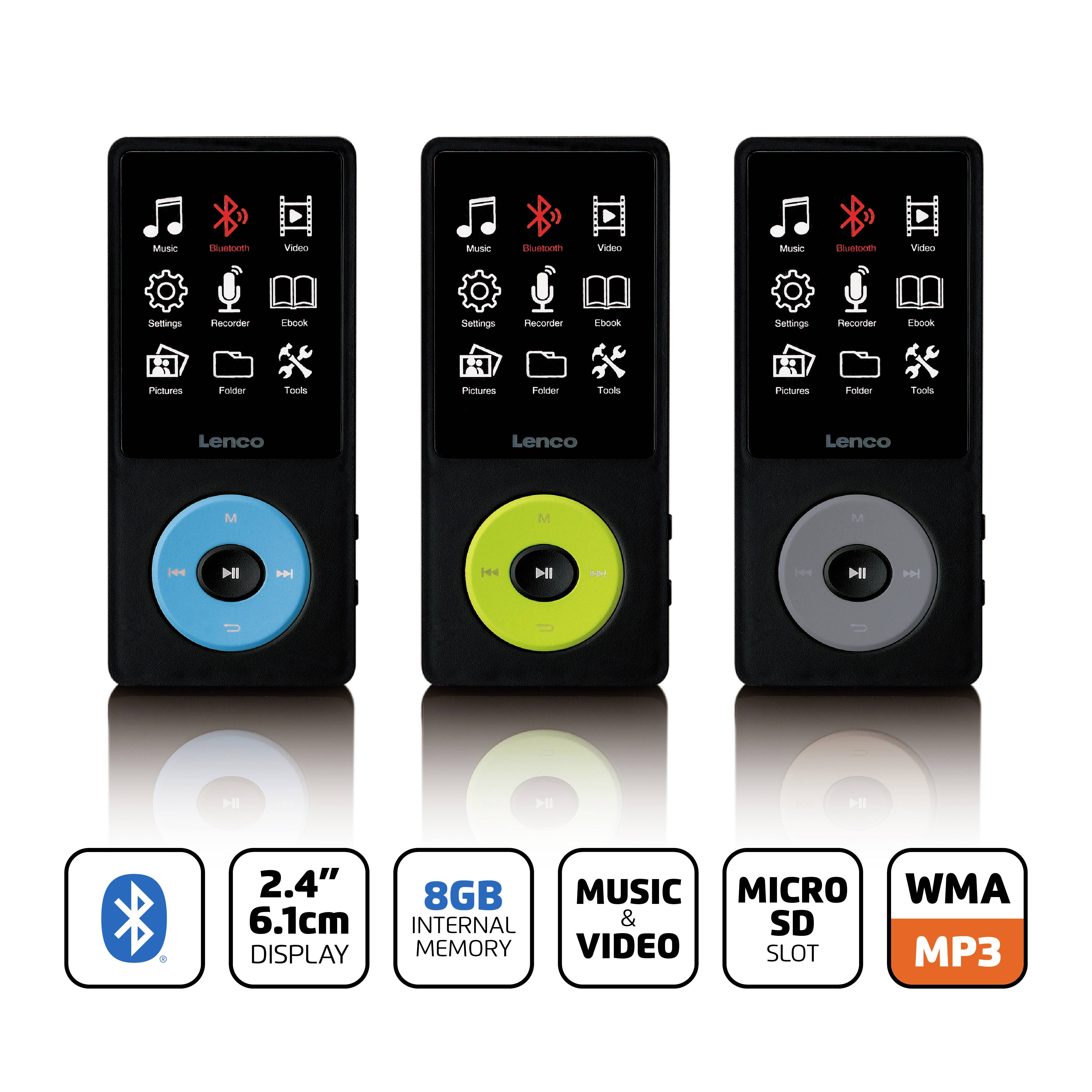 Three portable music players with 2.4-inch display, each in black, blue and green. Features: Bluetooth, 8 GB storage, micro SD card slot.