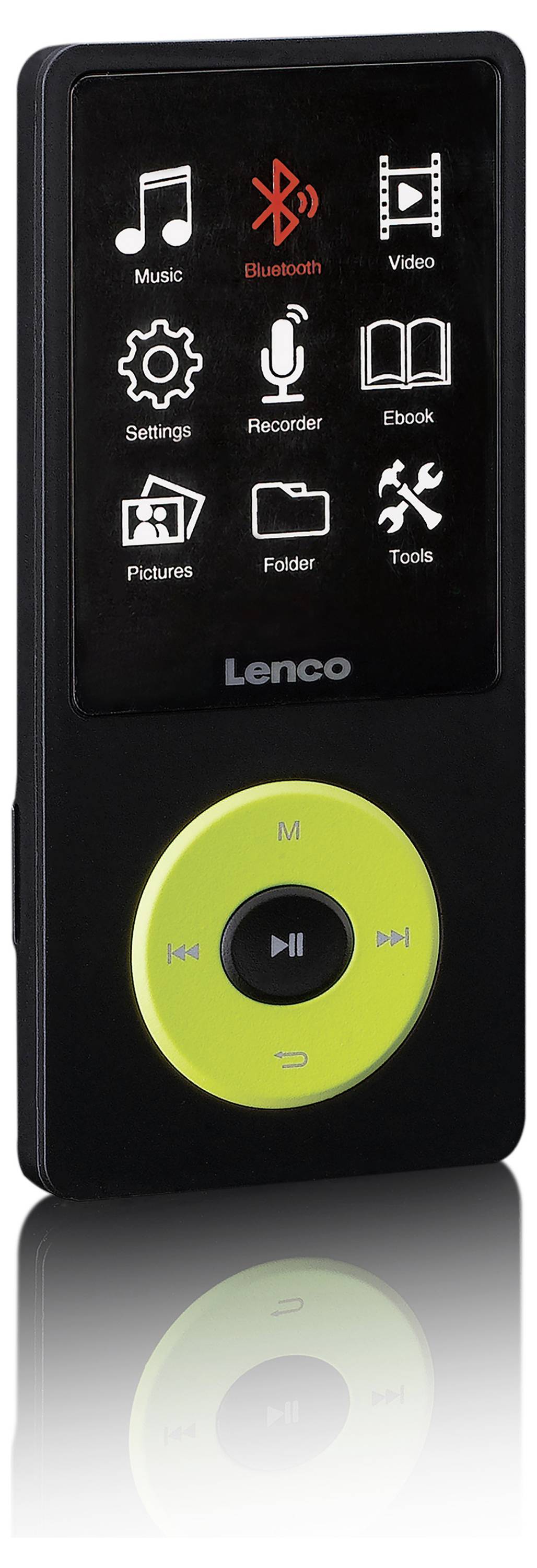 Portable Lenco MP3 player with 1.8-inch display, control buttons and menu icons for music, Bluetooth, video, settings and more.