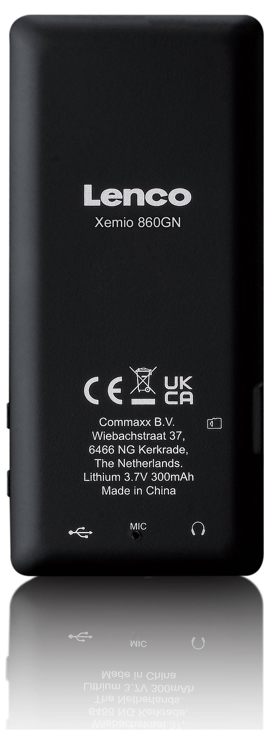 Black device with the inscription 'Lenco Xemio 860GN'. Information about the manufacturer, model, battery, and place of origin is printed on it.