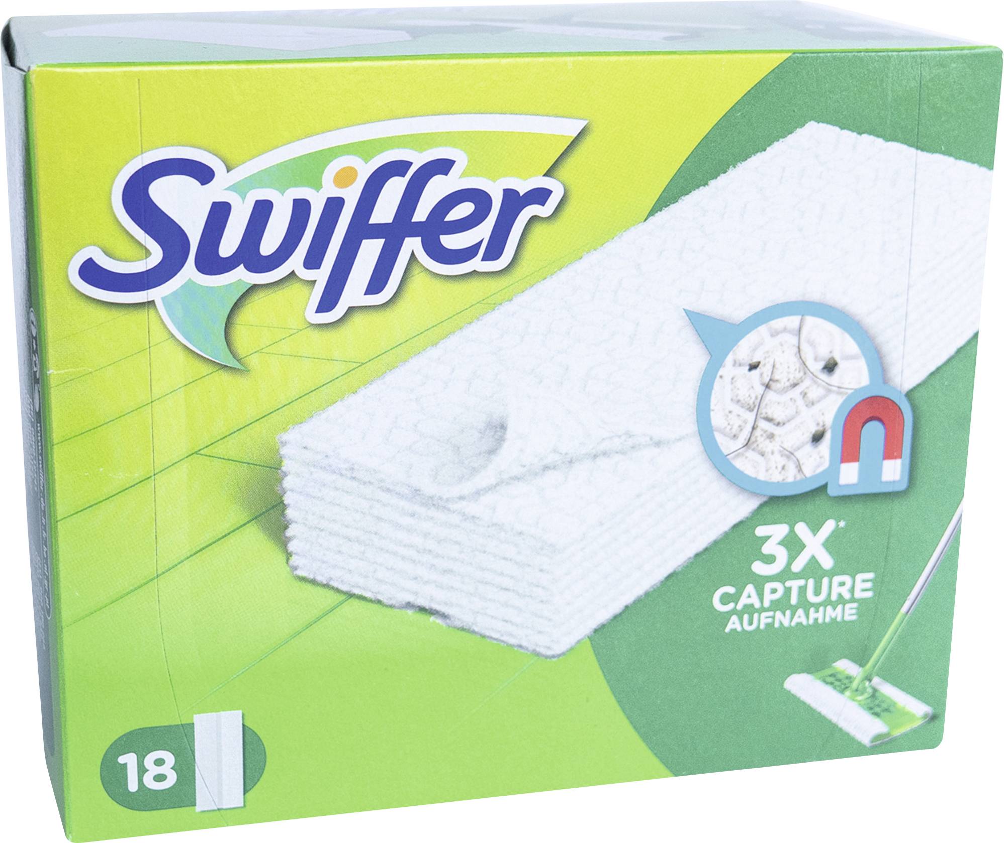 Swiffer packaging with cleaning wipes on a green background, '3X Capture' indicating enhanced absorption capacity; image of a mop.