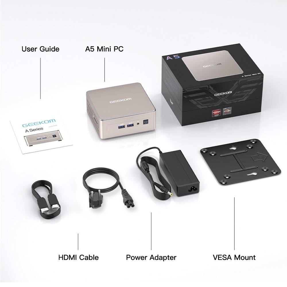 GEEKOM Mini PC A5 AMD Ryzen 5 7430U 4.3 GHz 8 GB RAM 256 GB SSD AMD AMD Radeon Graphics Win 11 Pro A5-R5