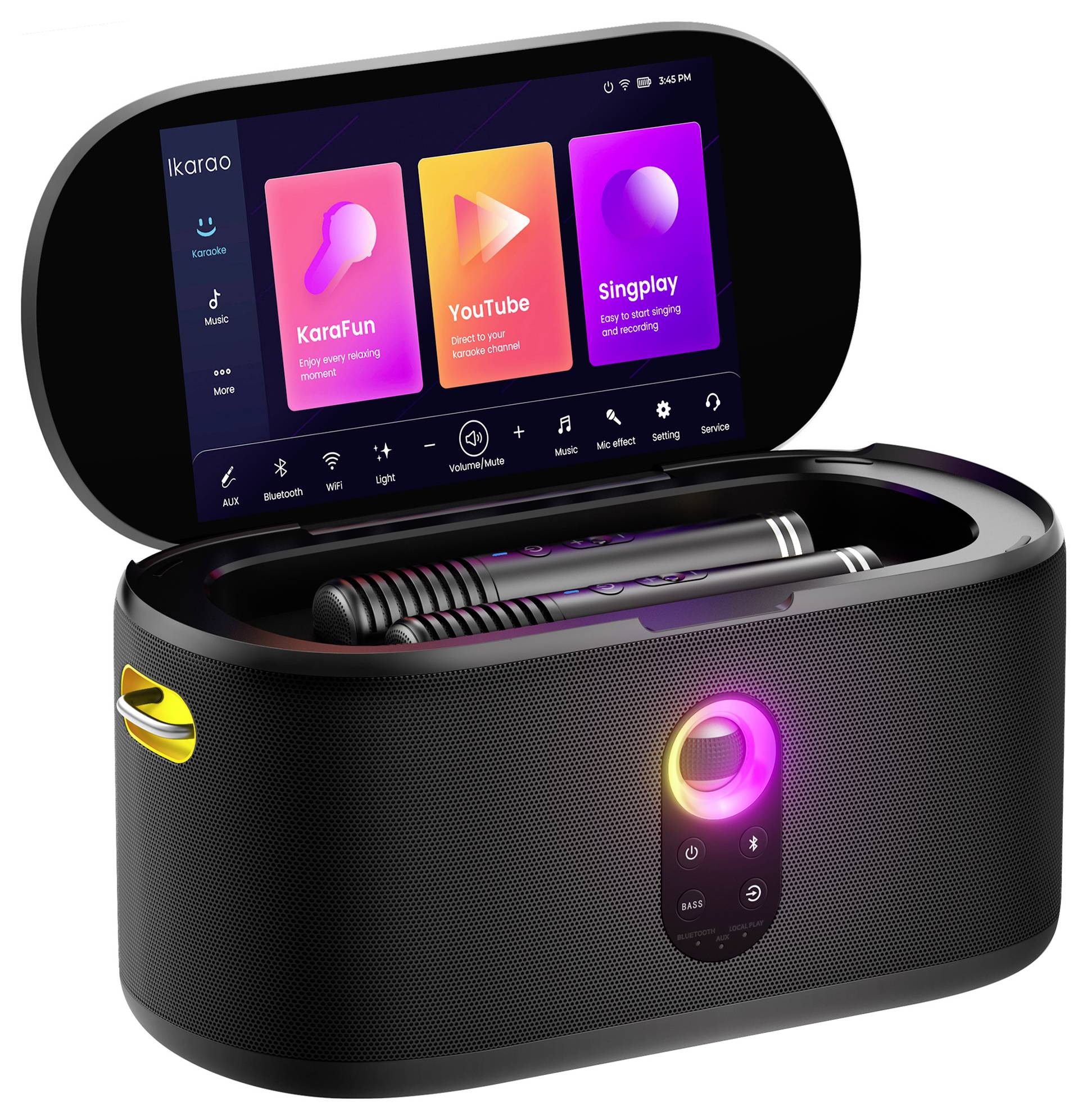 A portable karaoke machine with a touchscreen displaying music apps and two microphones, designed for singing entertainment.