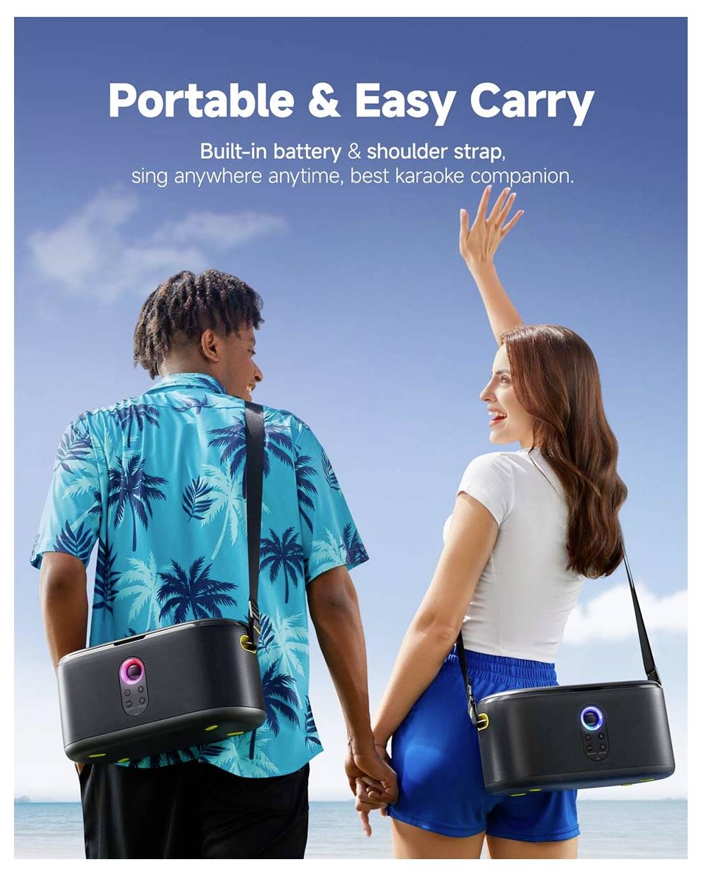 A man and woman, each holding a karaoke speaker with straps, stand on a beach. Text reads 'Portable & Easy Carry' and a description below.