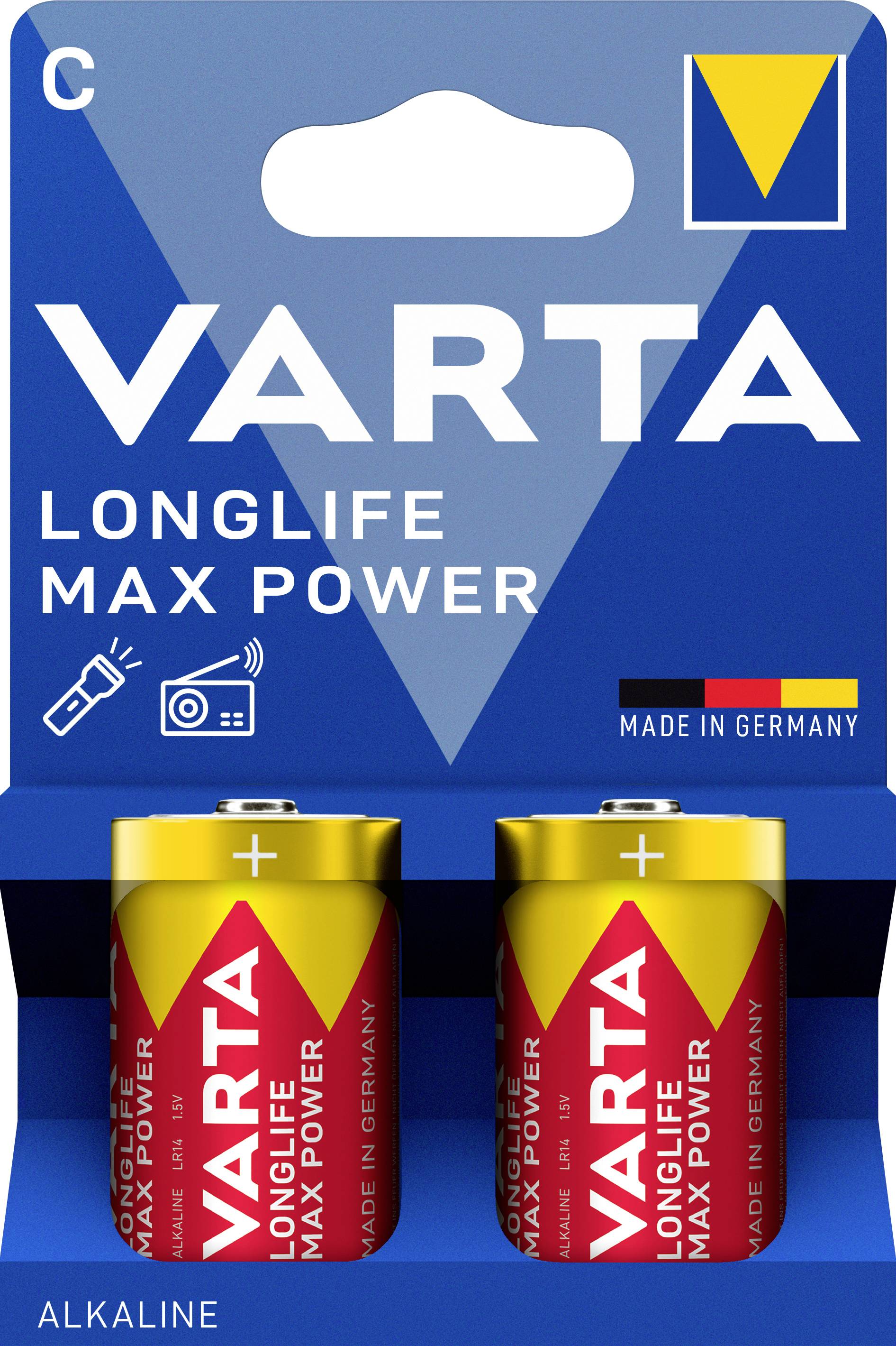 Two VARTA LONGLIFE MAX POWER C-alkaline batteries in a blue packaging with a yellow logo and inscription 'Made in Germany'.
