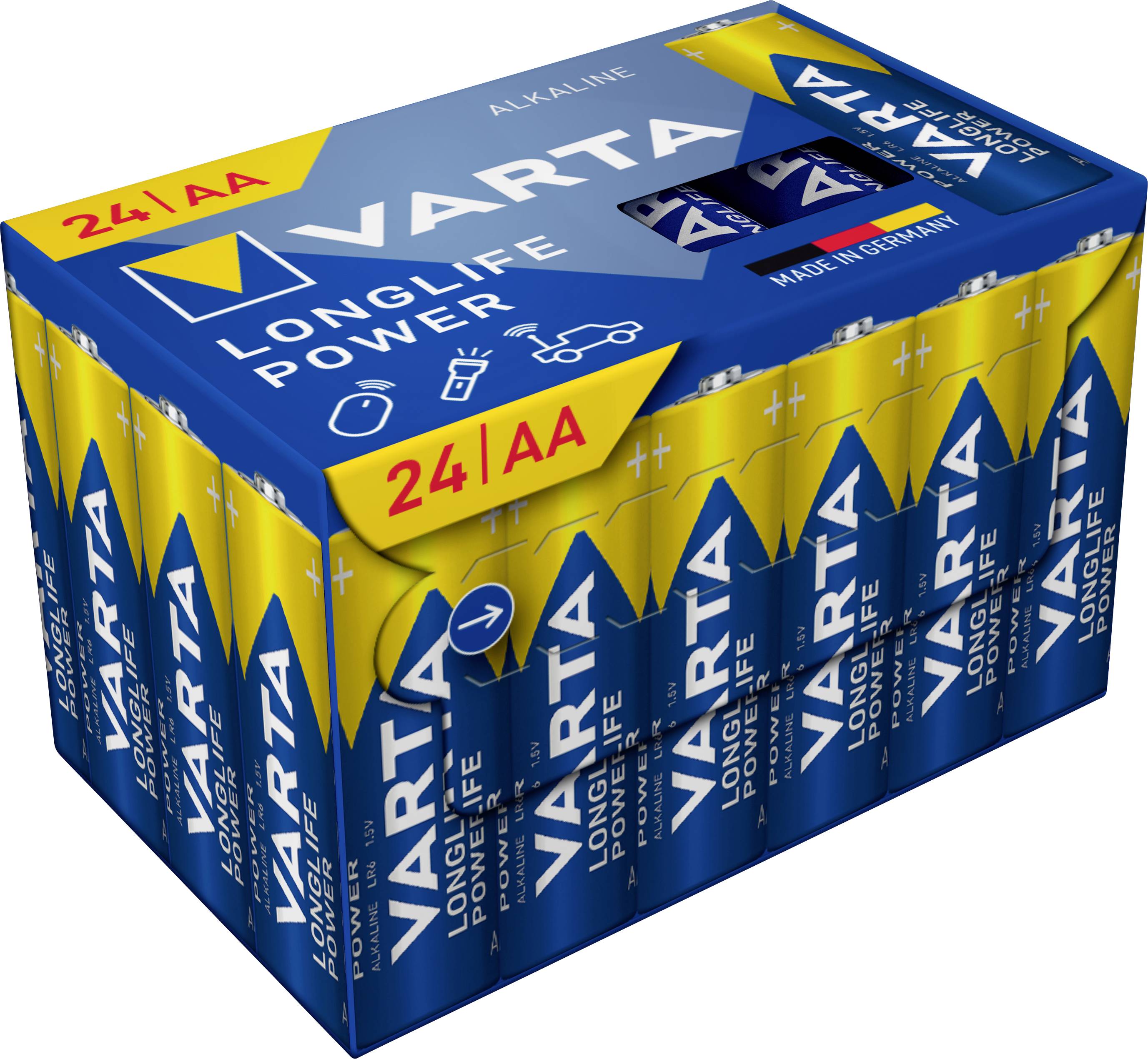 Pack of 24 Varta Longlife Power AA batteries in blue and yellow design.
