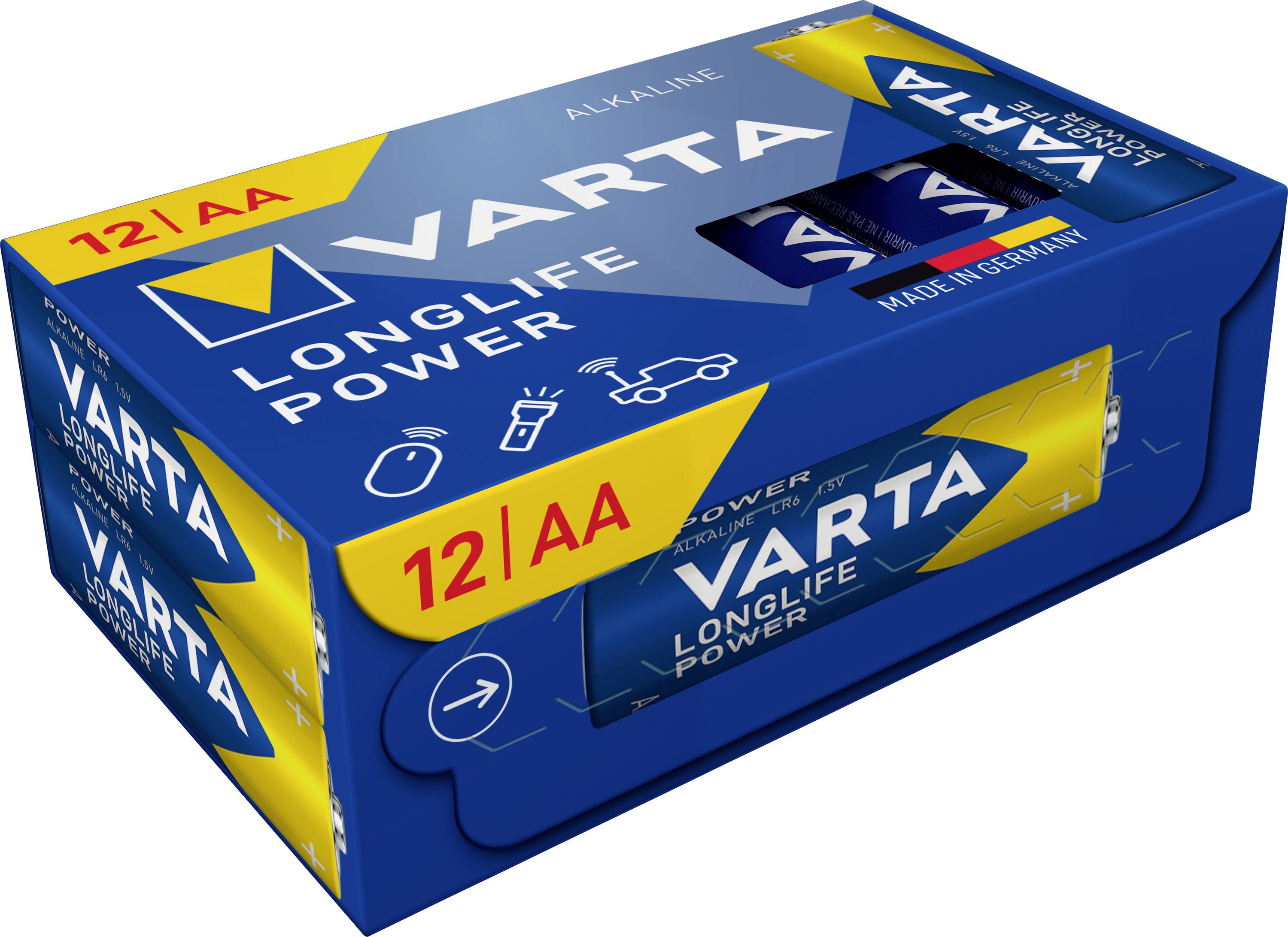 Varta Longlife Power Batteries, Pack of 12, AA, in blue packaging with yellow logo. Suitable for toys, cameras, torches.