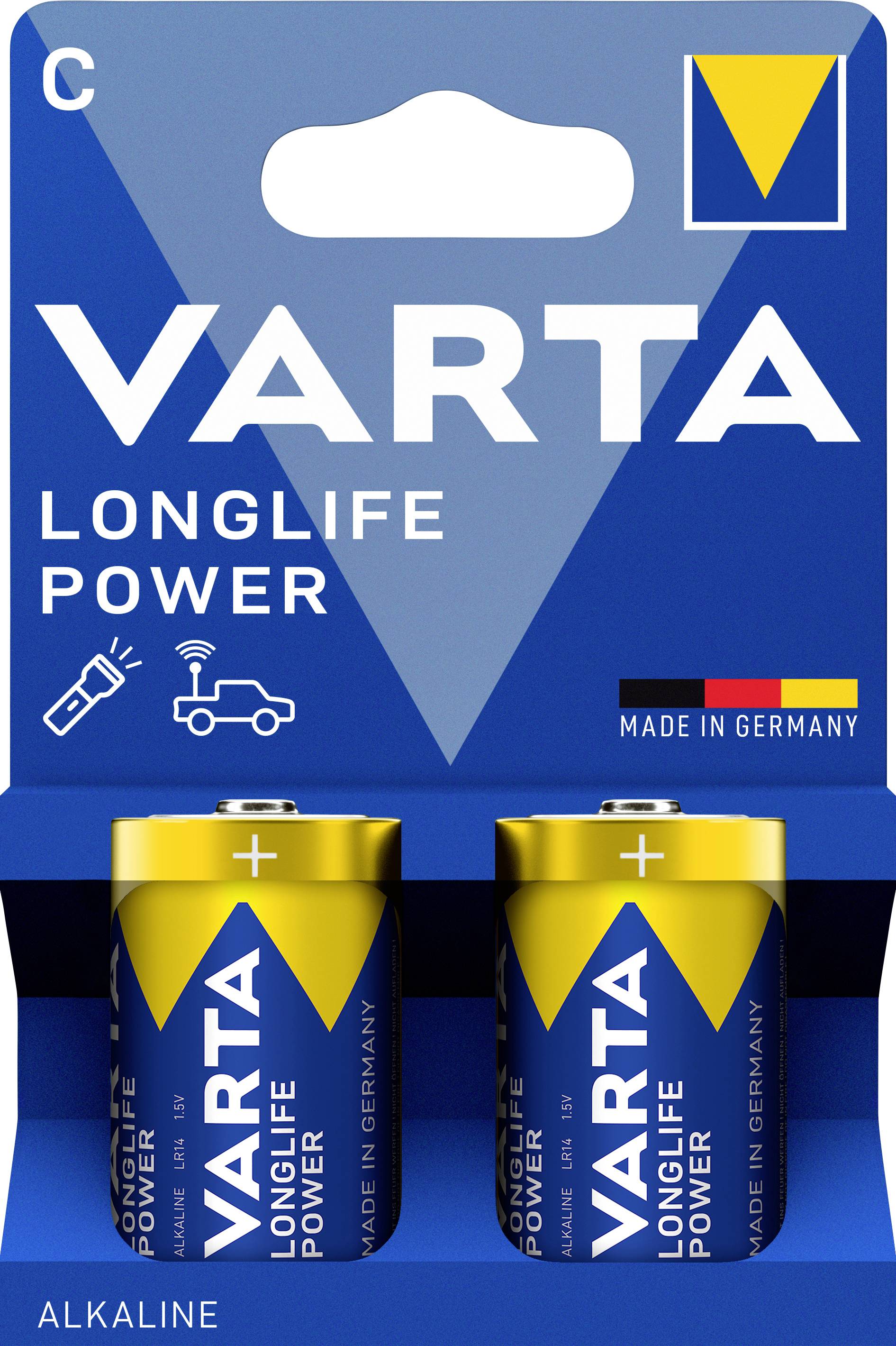 Two VARTA Longlife Power alkaline batteries in original packaging with blue and yellow design, suitable for high performance requirements.