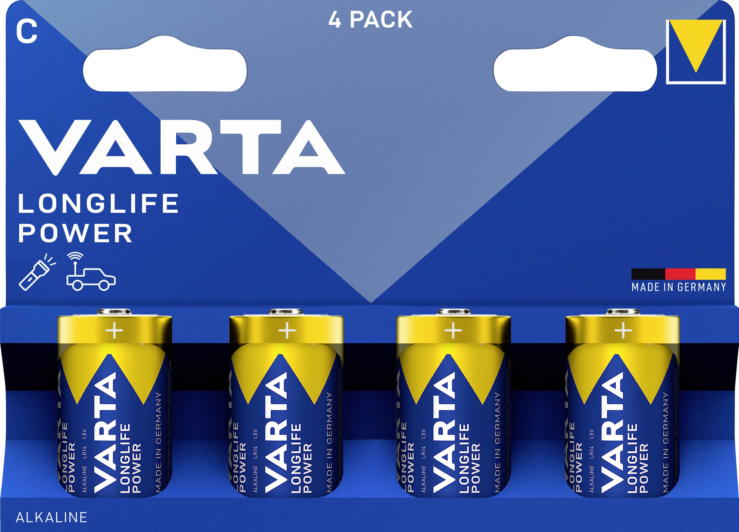 'Varta Longlife Power' C batteries, pack of 4, blue and yellow packaging with plus and minus symbols, manufactured in Germany.