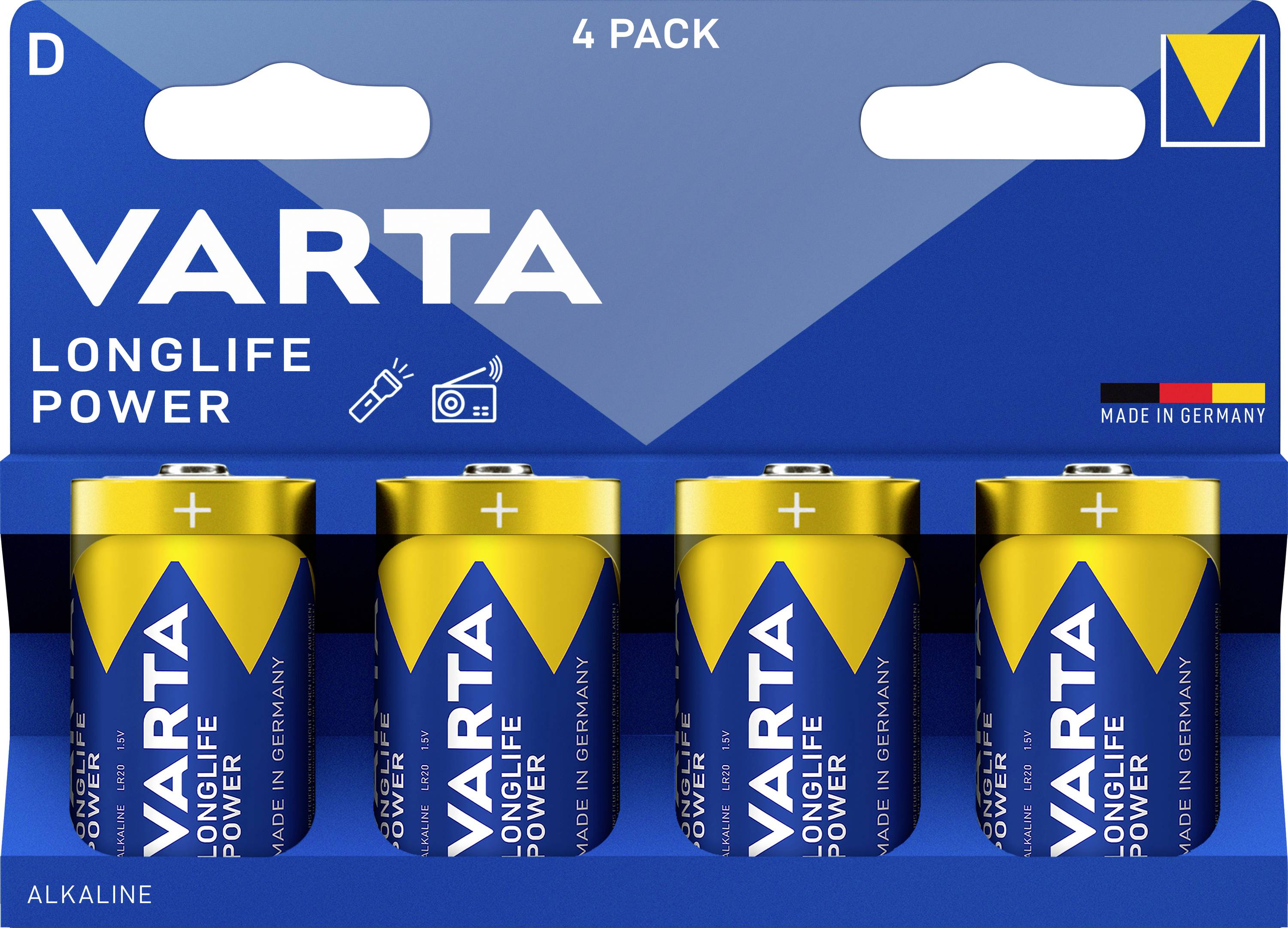 Four VARTA D-size batteries, Alkaline, in a blue package, labelled 'LONGLIFE POWER'. Manufactured in Germany.