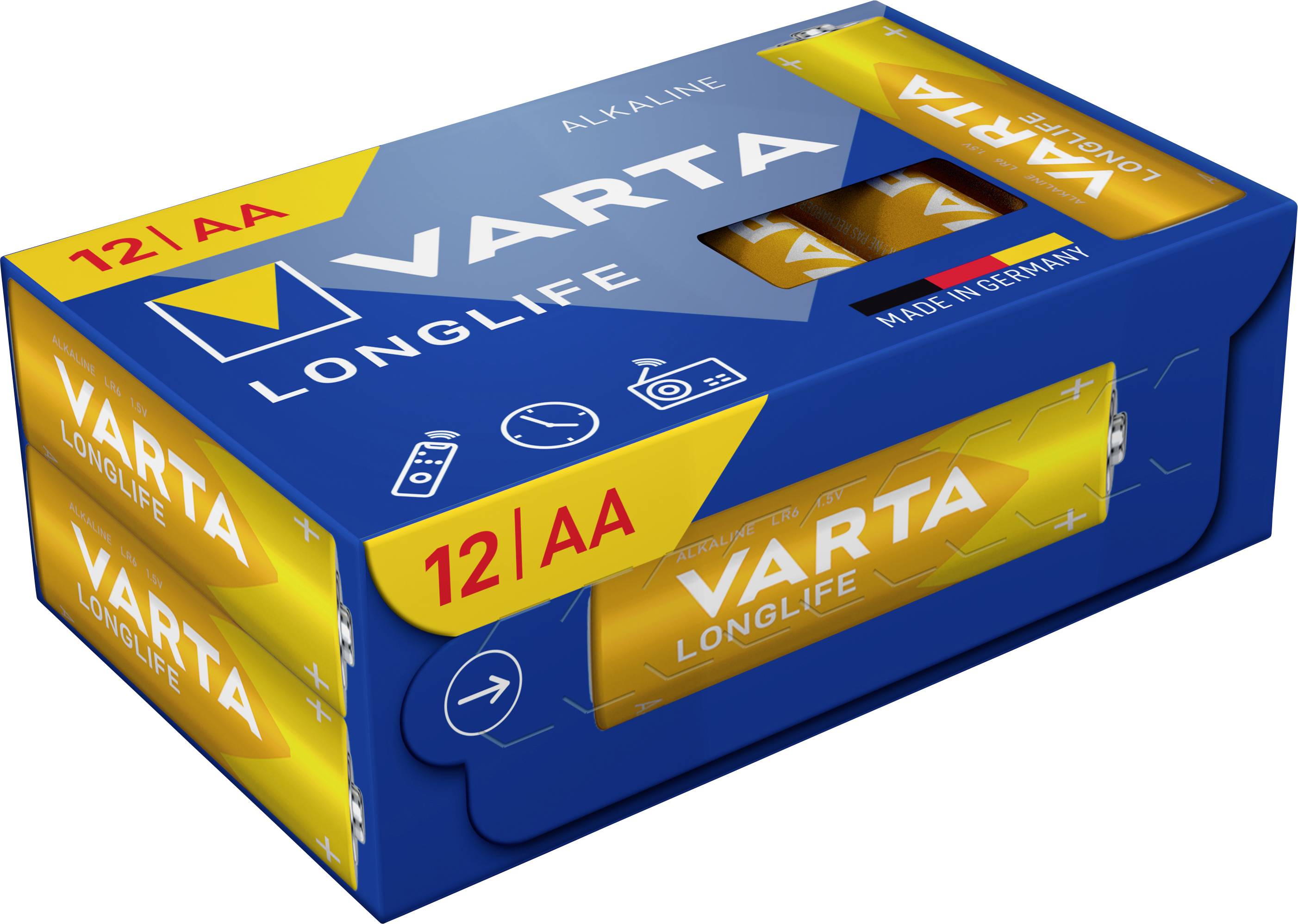 Pack of twelve Varta AA alkaline batteries, yellow and blue, labelled 'LONGLIFE', manufactured in Germany.