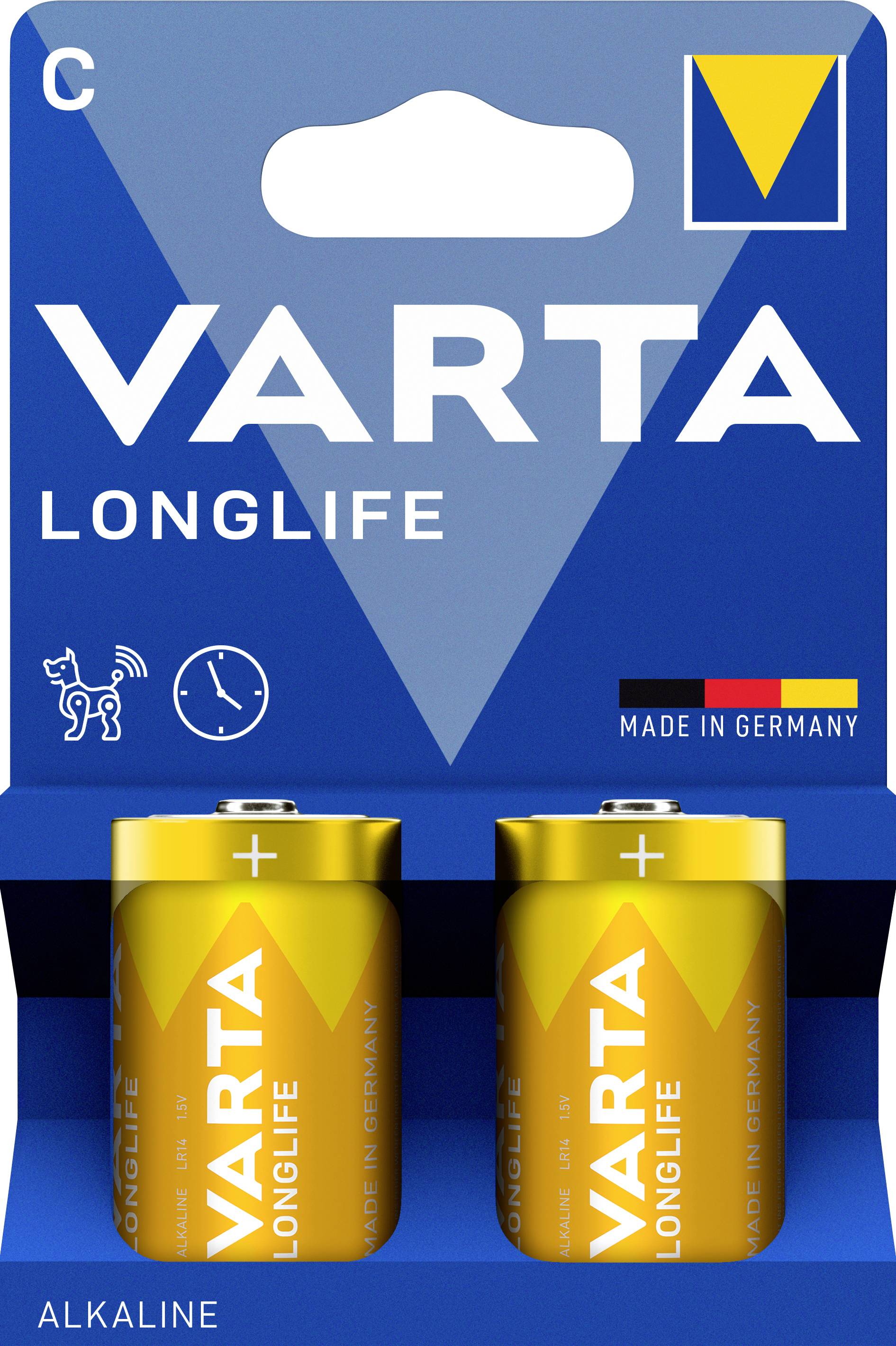 Two Varta Longlife Alkaline C batteries in a yellow packaging. Text on the packaging: 'Long-lasting' and 'Made in Germany'.