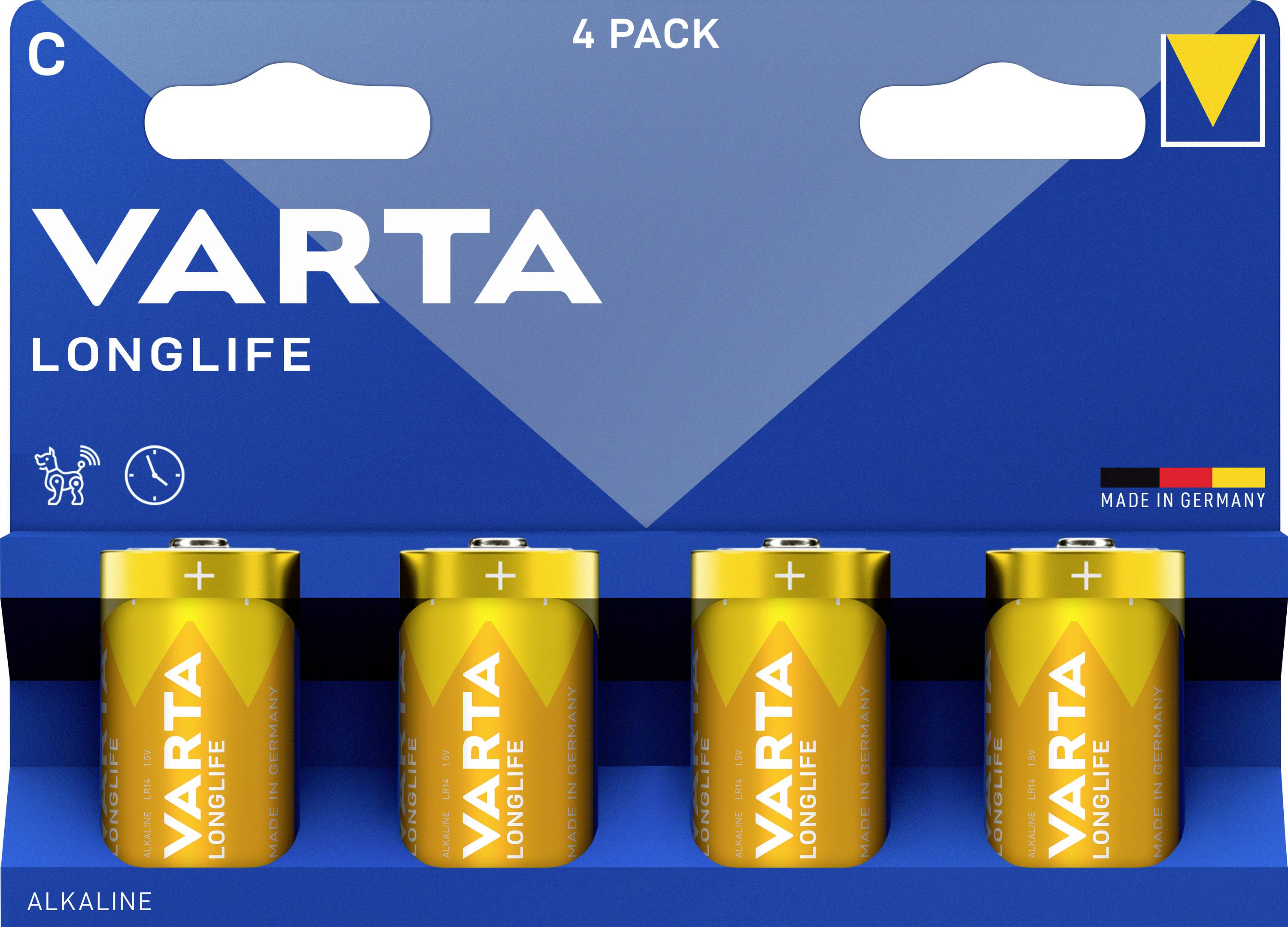 Four yellow 'VARTA Longlife' C batteries in a blue package with the inscription 'Made in Germany'.