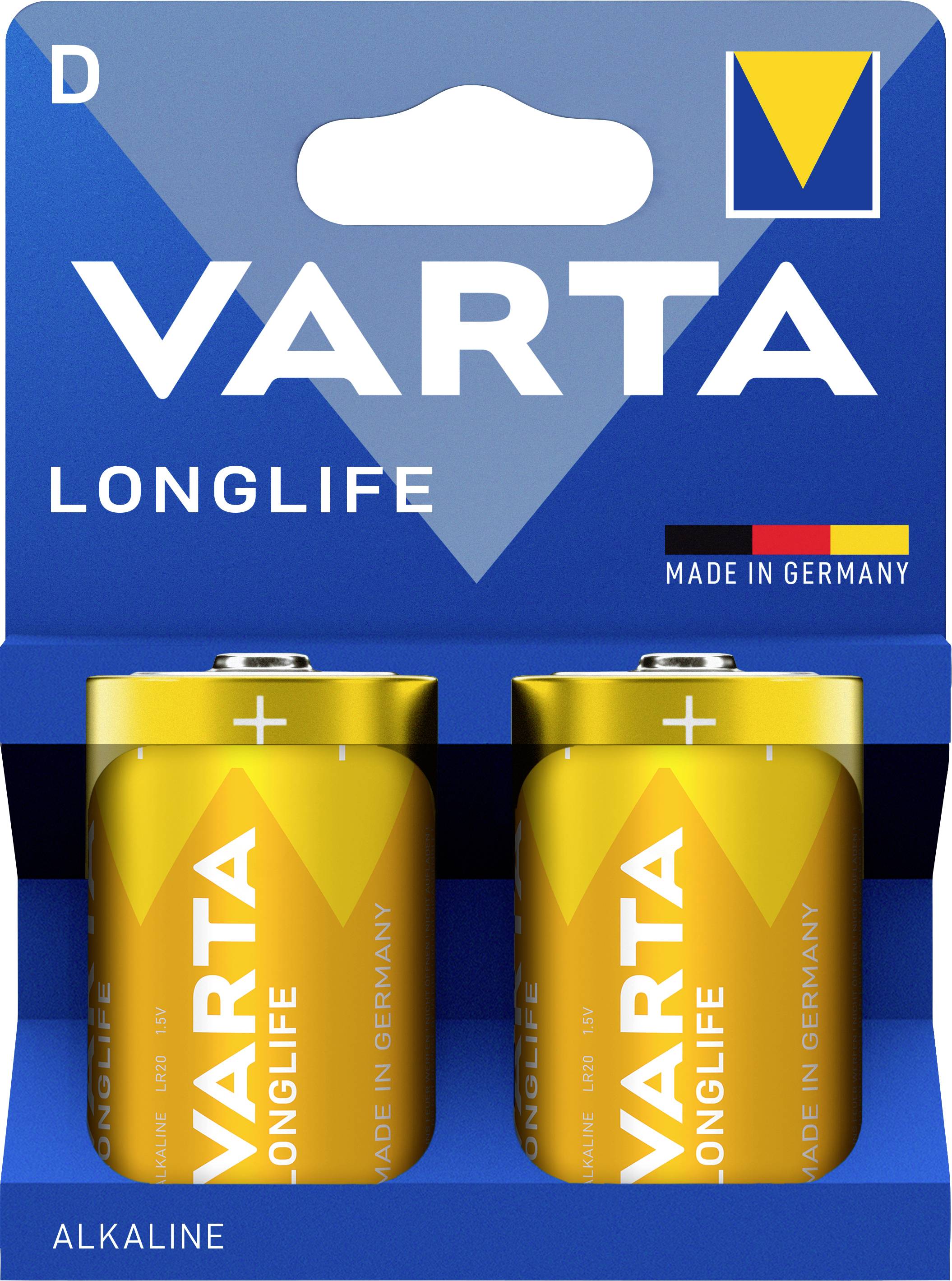 Two VARTA LONGLIFE Alkaline batteries, size D, in a blue and yellow blister pack, with a 'Made in Germany' label.