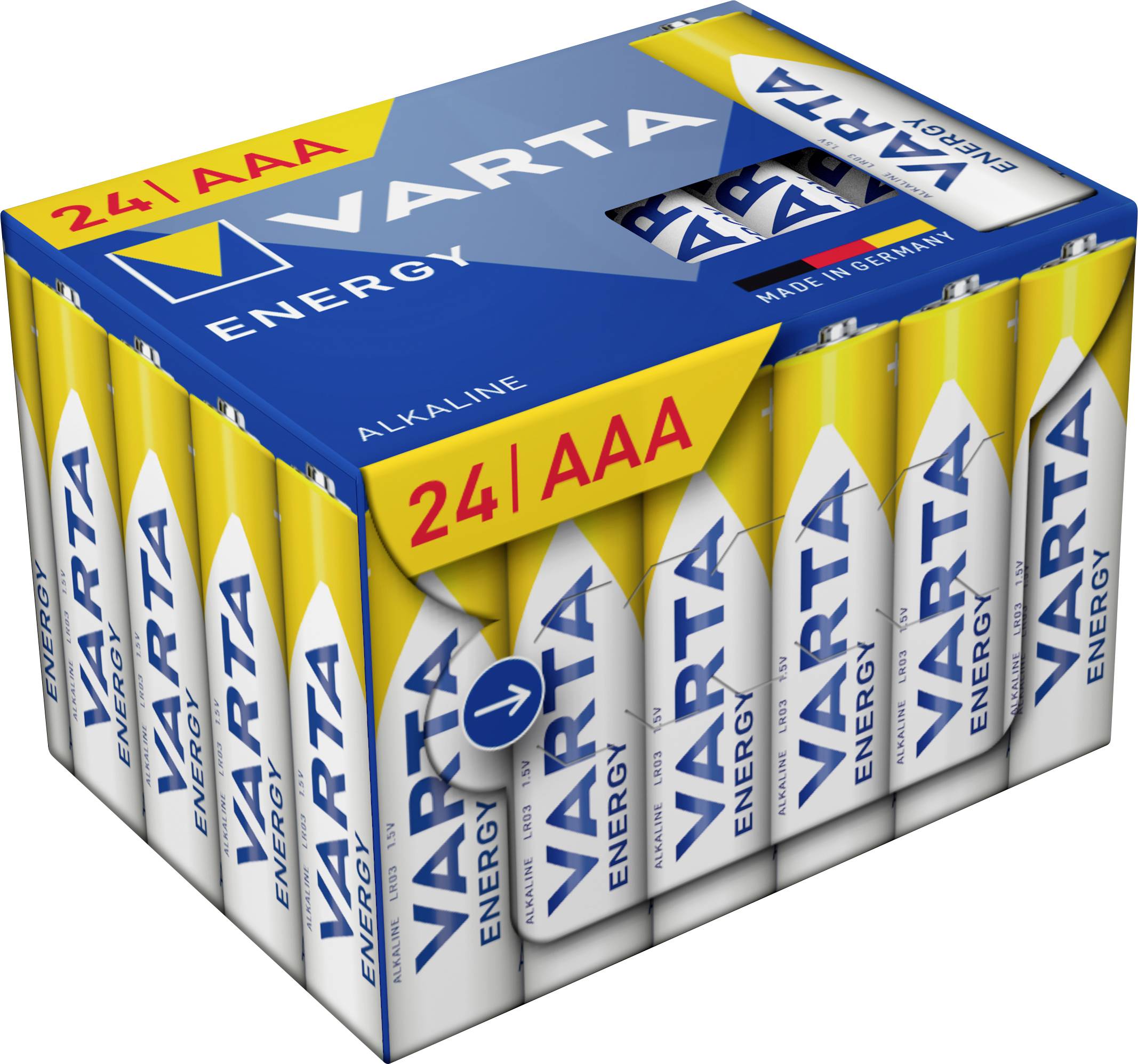 A pack of 24 AAA Alkaline batteries by the Varta Energy brand.