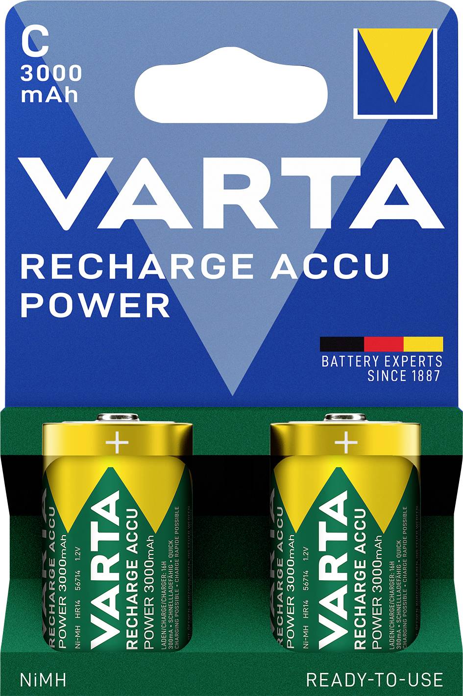 Two Varta rechargeable C batteries, 3000 mAh, in green and yellow packaging. Text 'Recharge Accu Power' and logo visible at the top.