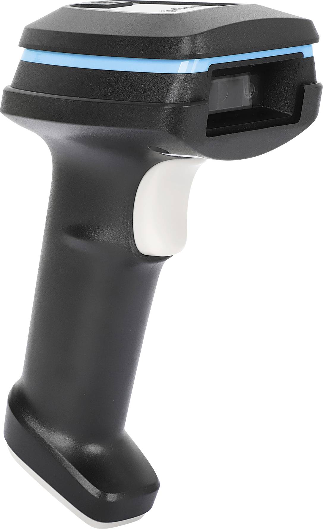 A black handheld scanner with a blue stripe and white handle, suitable for scanning barcodes.