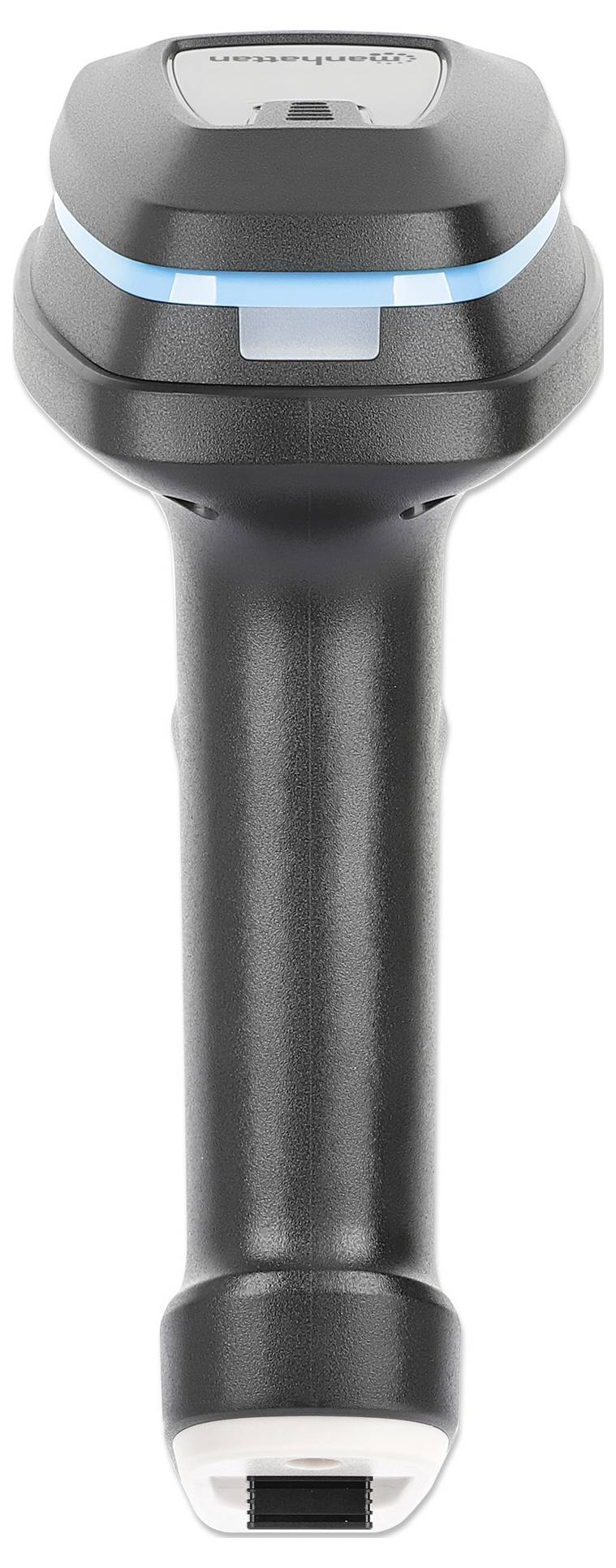 A black, wireless handheld scanner with a blue LED strip, used for scanning barcodes in warehouse or retail environments.