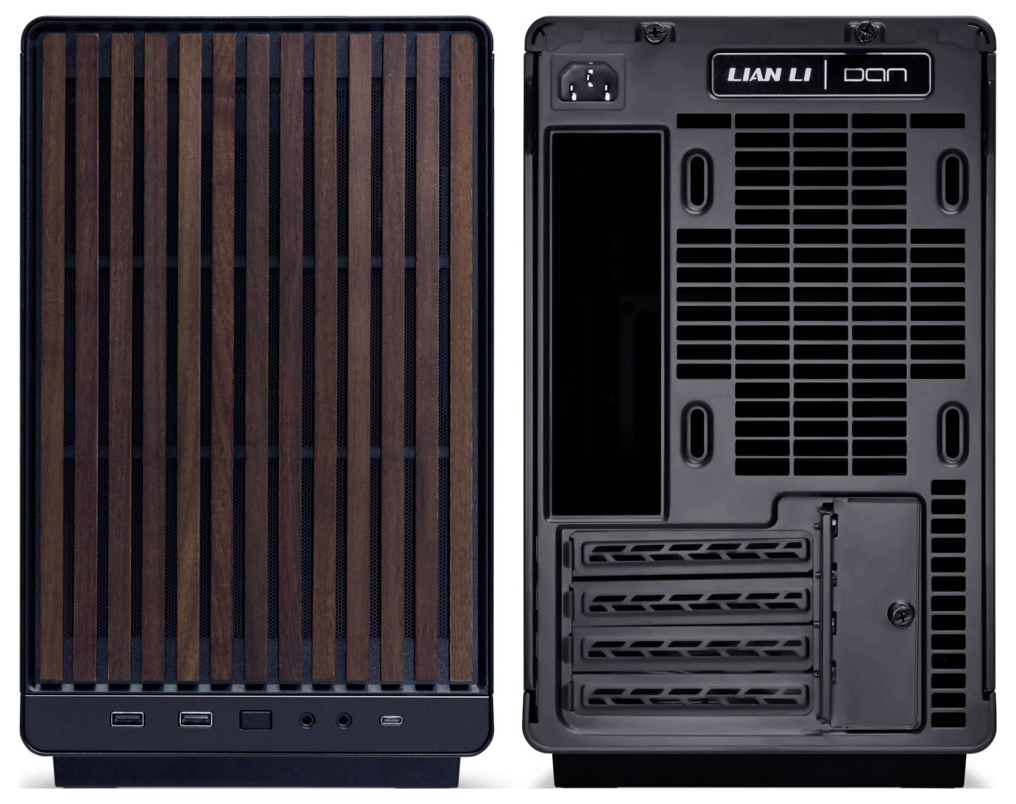 The computer case shows a front and rear view. At the front, there are vertical wooden slats and connectors at the bottom. At the back, there are ventilation slots, expansion slots, and a power supply connection.