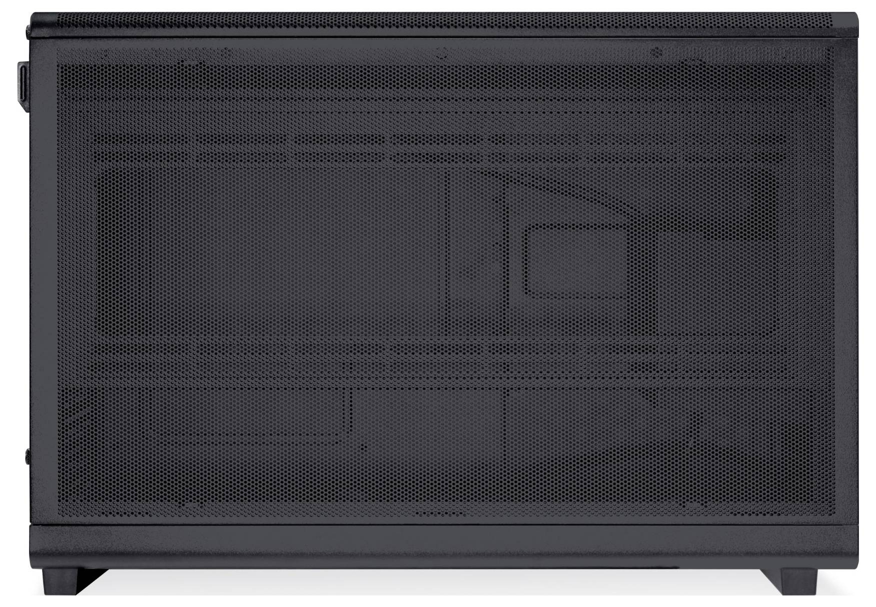 A closed, black computer tower case with perforated side panels, suitable for use in a server room or office.