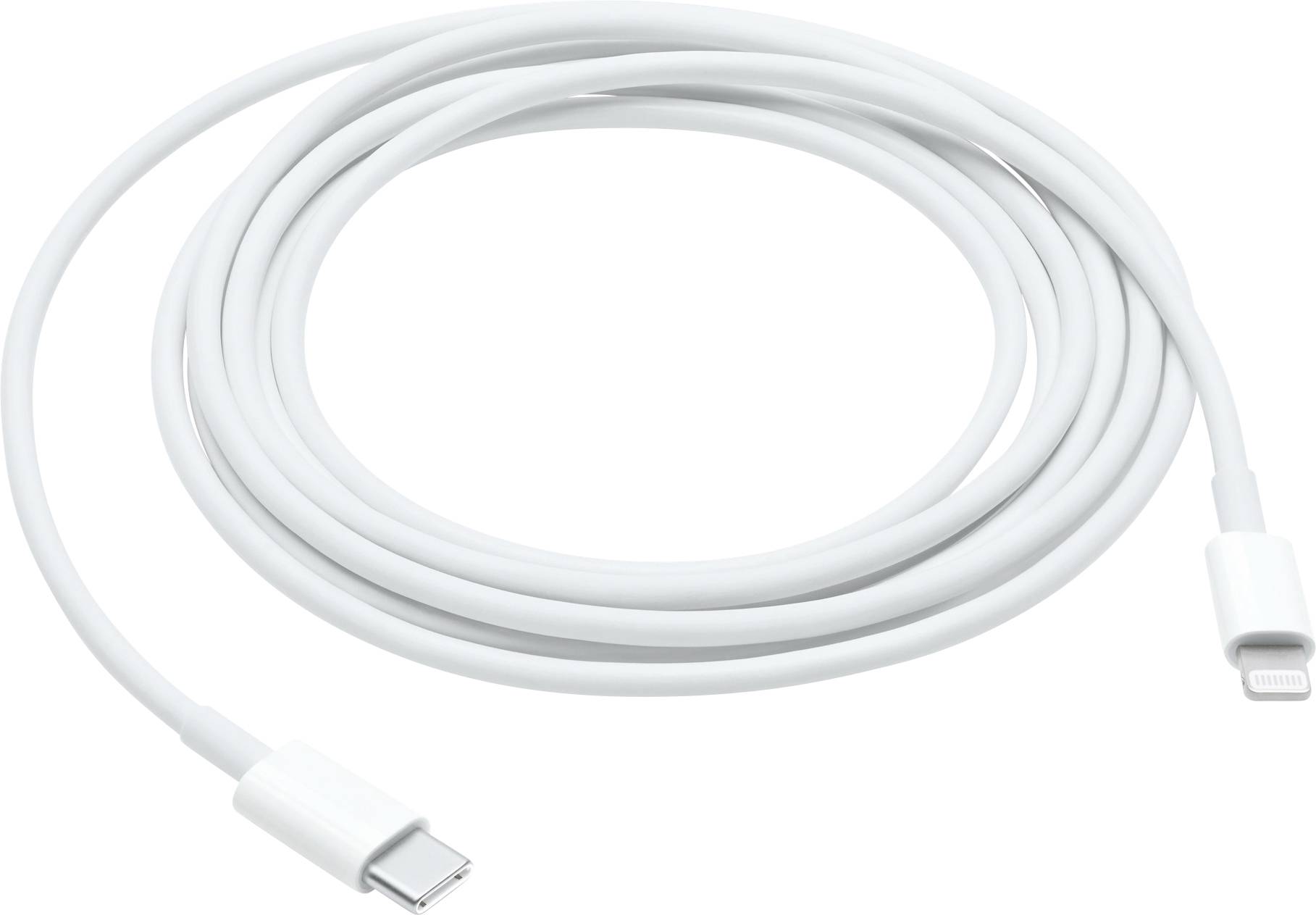 A white USB-C to Lightning cable is coiled in a spiral formation on a white surface.
