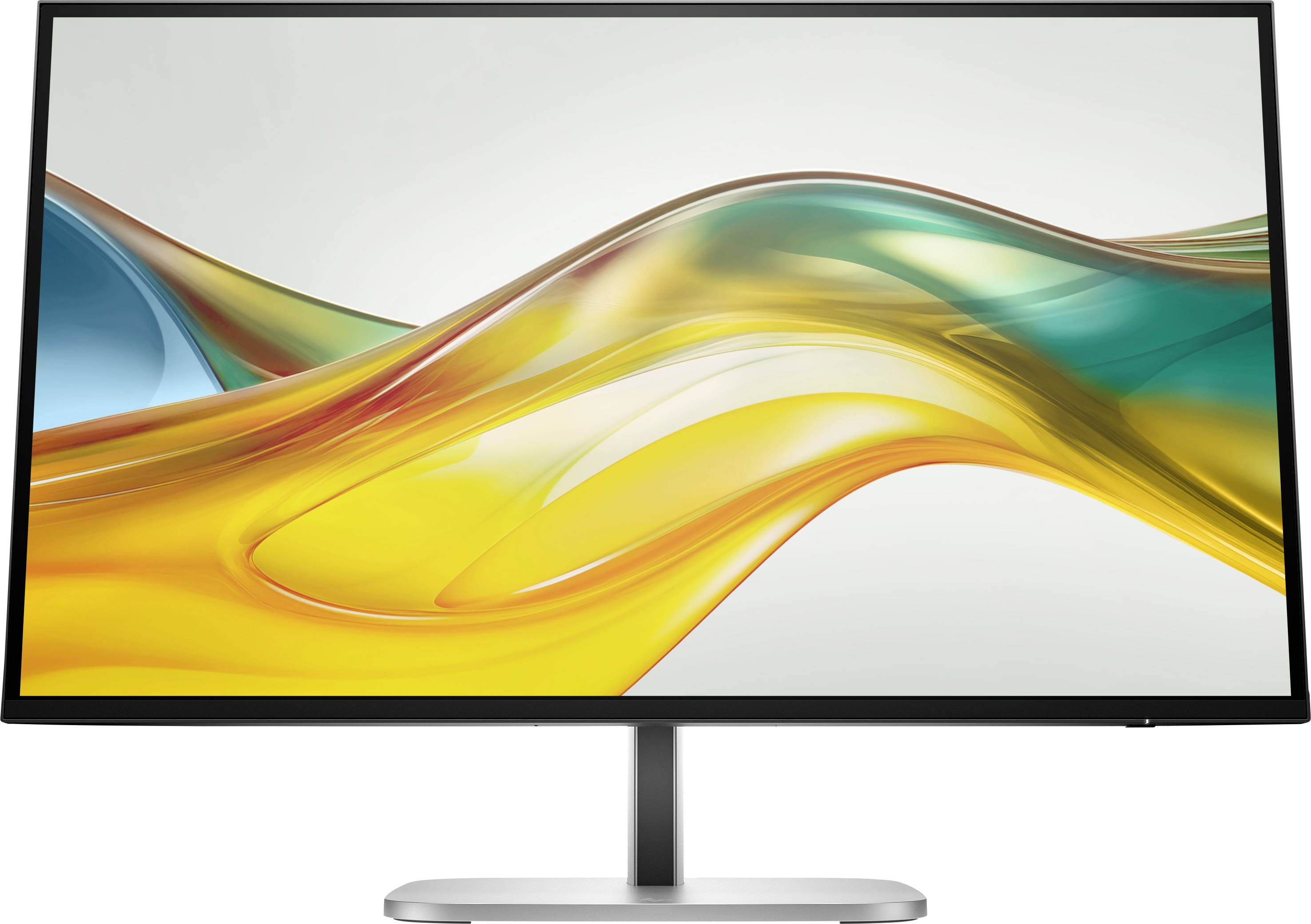 A modern computer monitor with a colourful abstract background displaying yellow, green, and blue waves.
