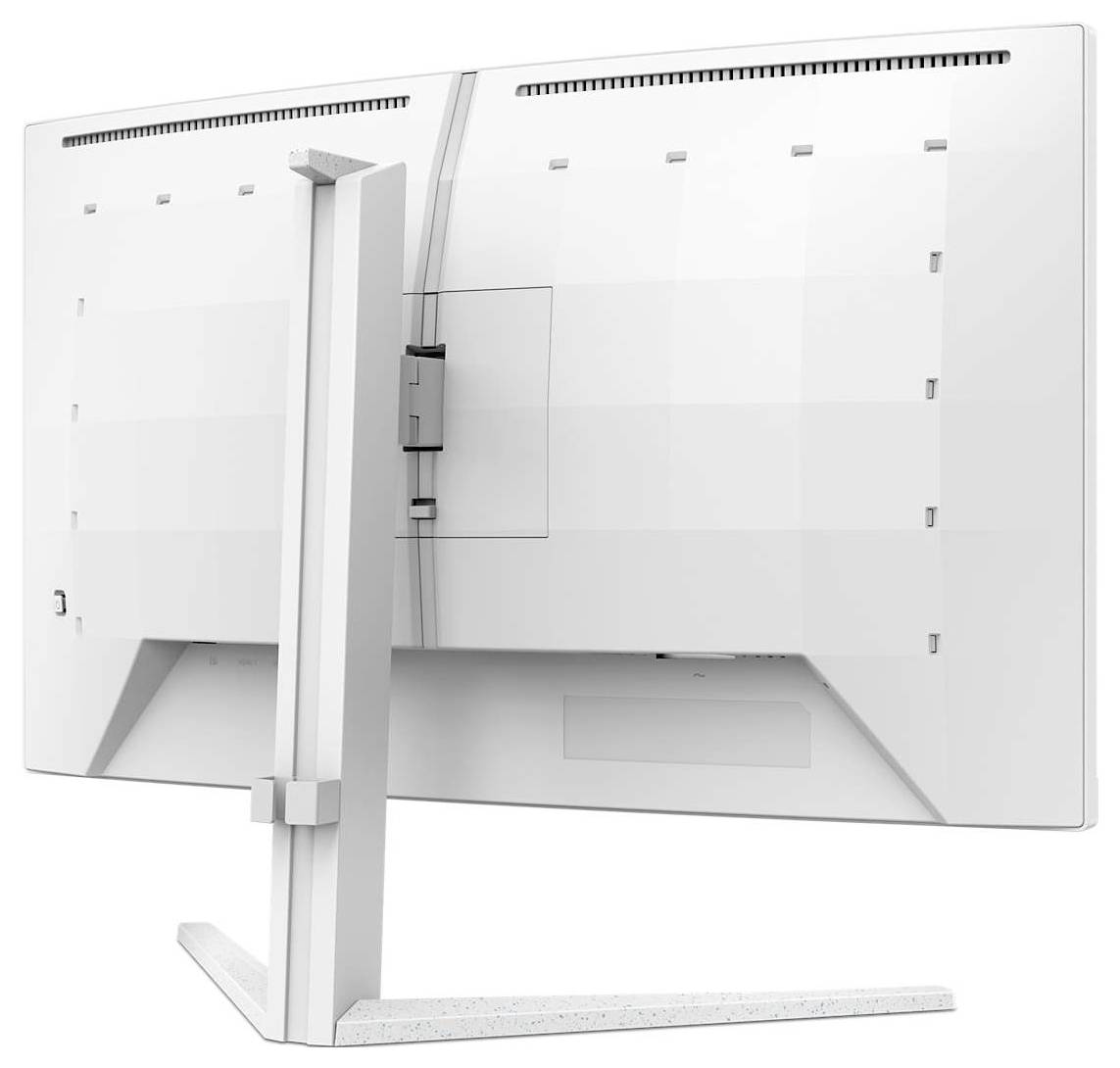 A white computer monitor viewed from behind, mounted upright on a stand. Ventilation slots and cable connections are visible.