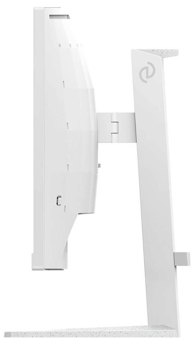 Side view of a white computer monitor on an adjustable stand with an elegant design.