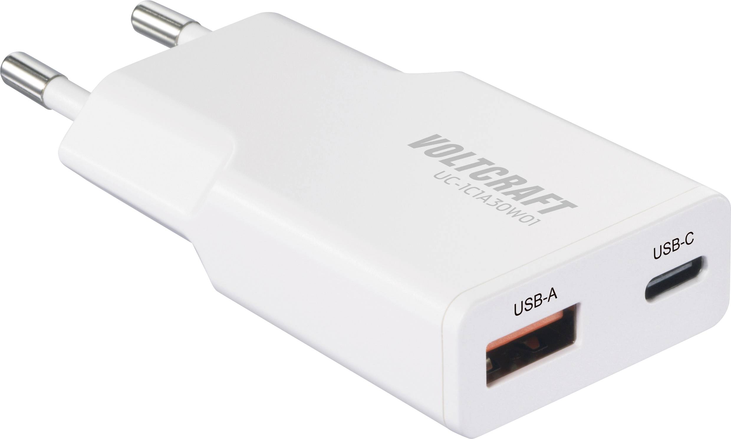 VOLTCRAFT UC-1C1A30W01 USB charger 30 W 1x USB-A, 1x USB-C® Fast Charge, Power Delivery 3.0 White GaN