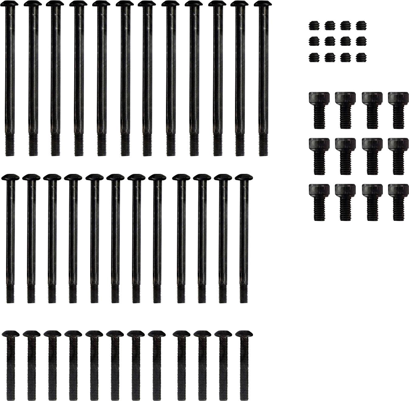 Black screws in various sizes, arranged in rows.