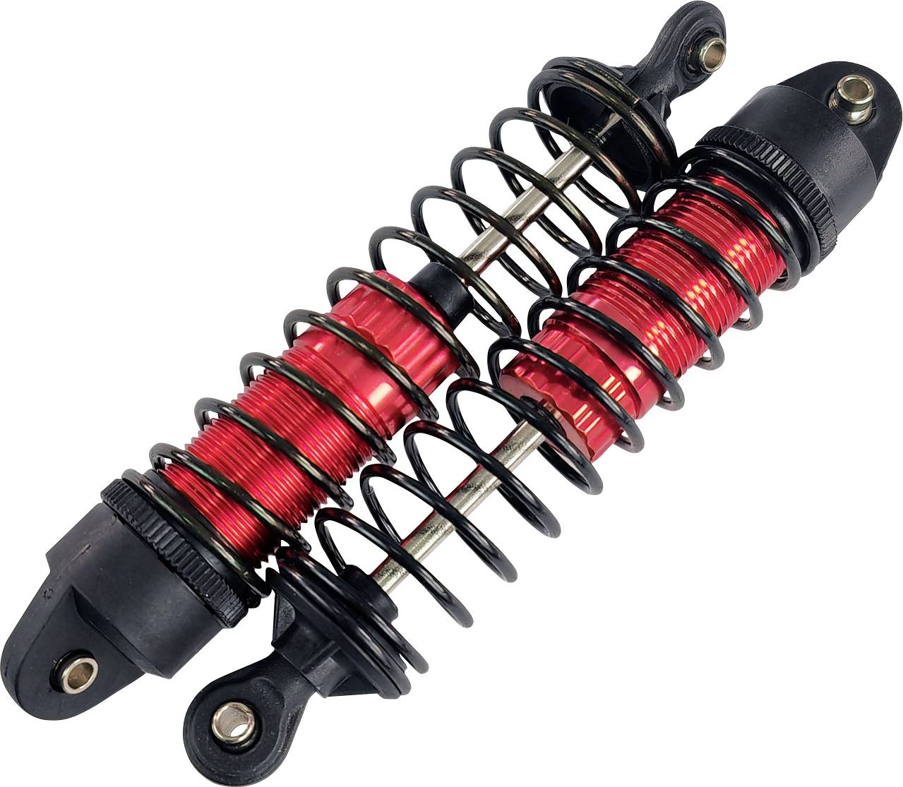 Red and black motorcycle shock absorbers with springs positioned in a linear arrangement. They are designed for suspension on uneven terrain.