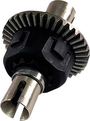 A metal gear wheel with a black plastic casing and two silver connectors on a white background.