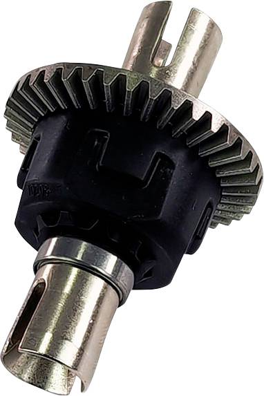A metal gear wheel with a black plastic connection and silver plug, likely part of a mechanical device or vehicle.