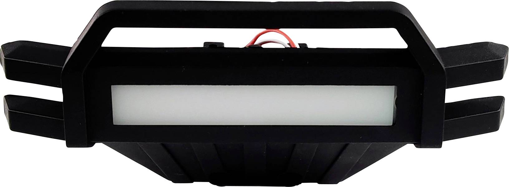 A black LED headlight with a rectangular housing and red cable, suitable for mounting, shows the profile against a light background.