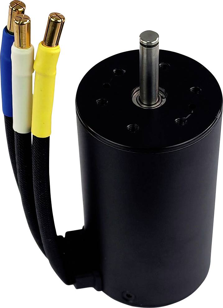 A black electric motor with three coloured connecting cables (blue, white, yellow) and a metal shaft at the top.